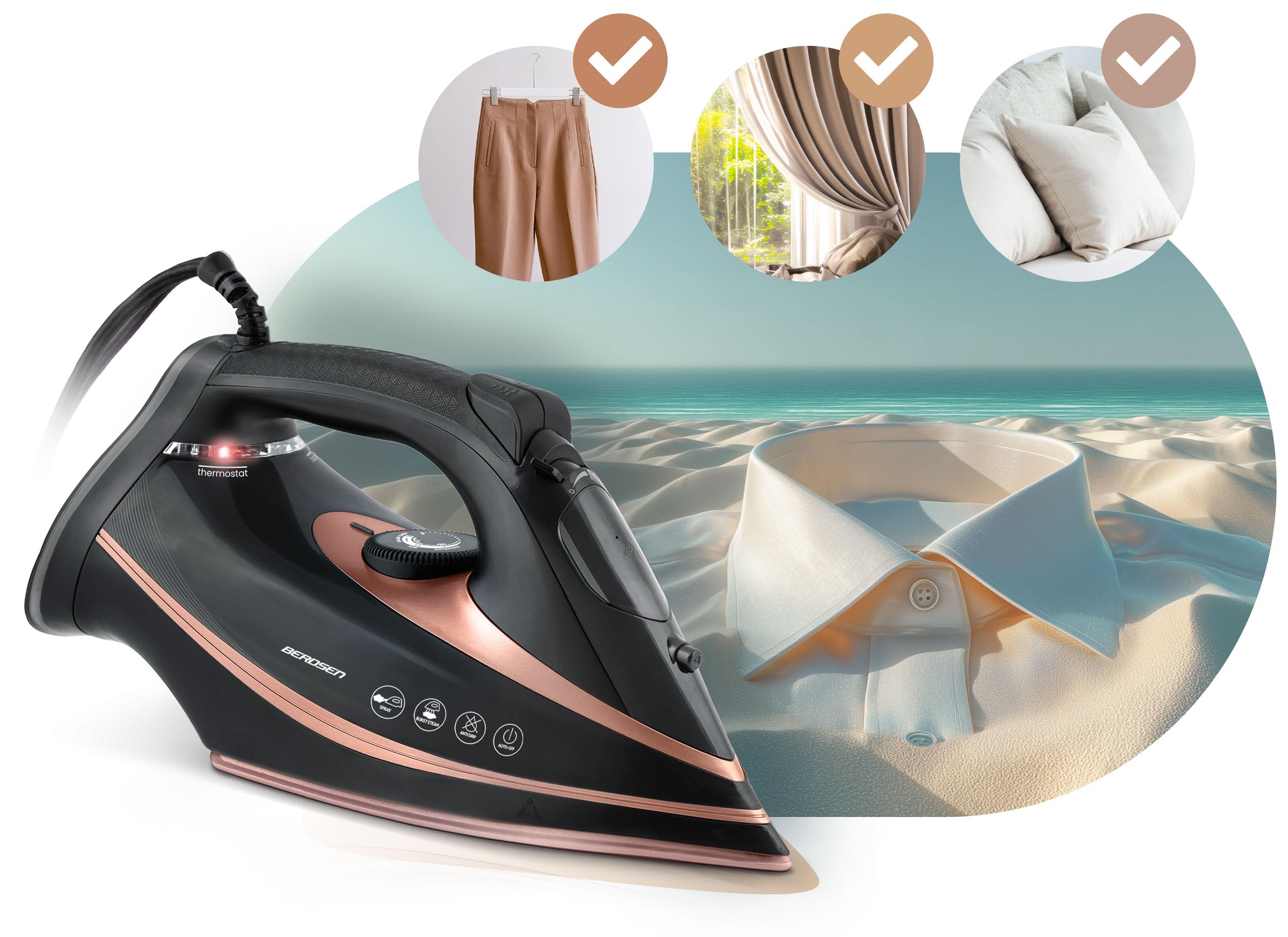 Berdsen Plancha de vapor, 3000 W, 10 en 1, con suela de cerámica, depósito de agua de 360 ml, doble golpe de vapor, color negro