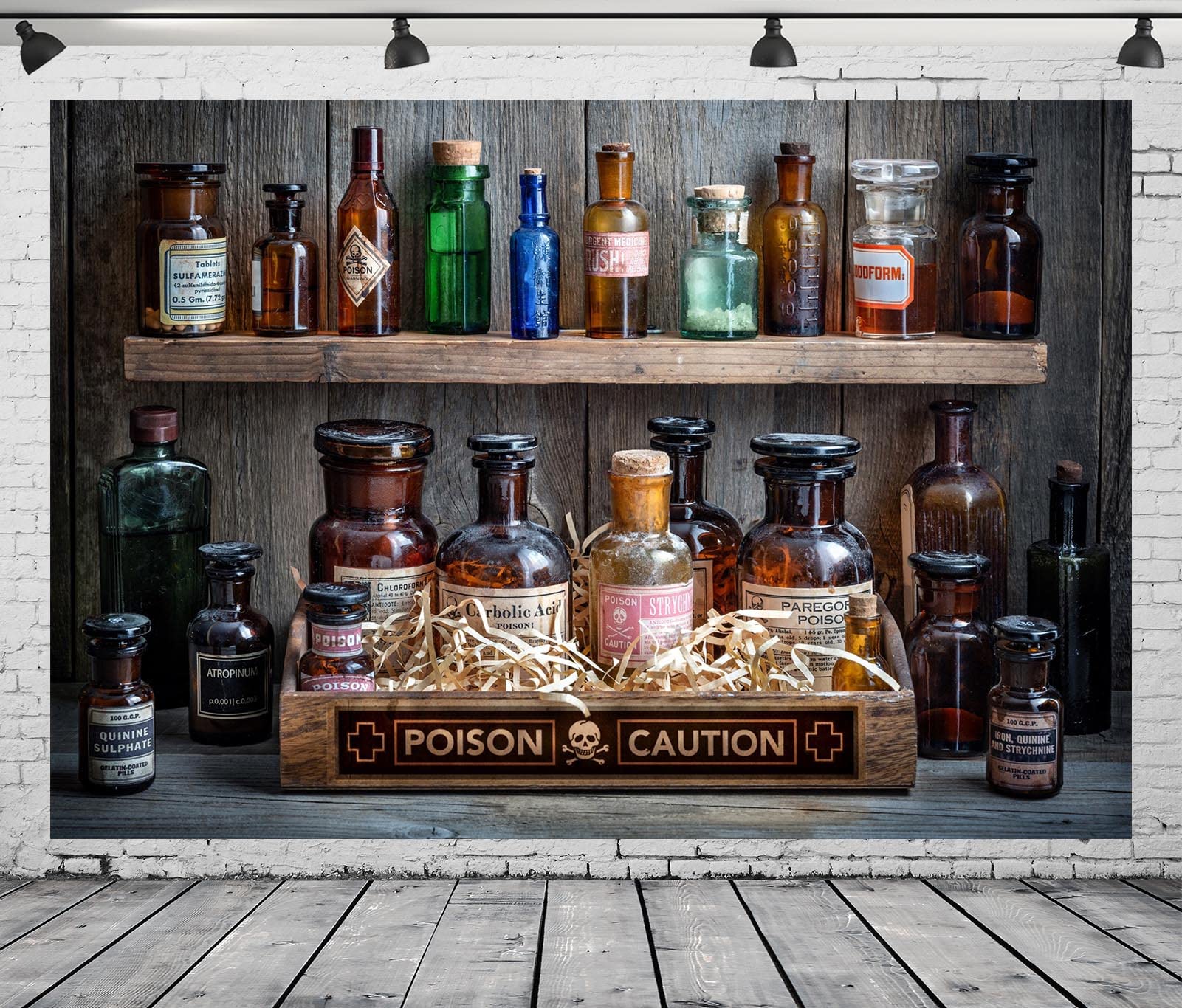 BELECO 4.6x2.5m Fotohintergrund Stoff Halloween Chemielabor Zauberflaschen Gift Warnschild Hintergrund Hexenapotheke Grusel Labor Party Dekoration Fotozubehör