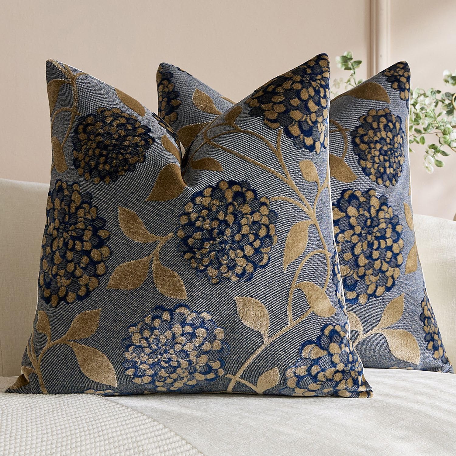 Fundas de cojín azul marino 50x50 que no pierden forma: Jacquard floral de lujo