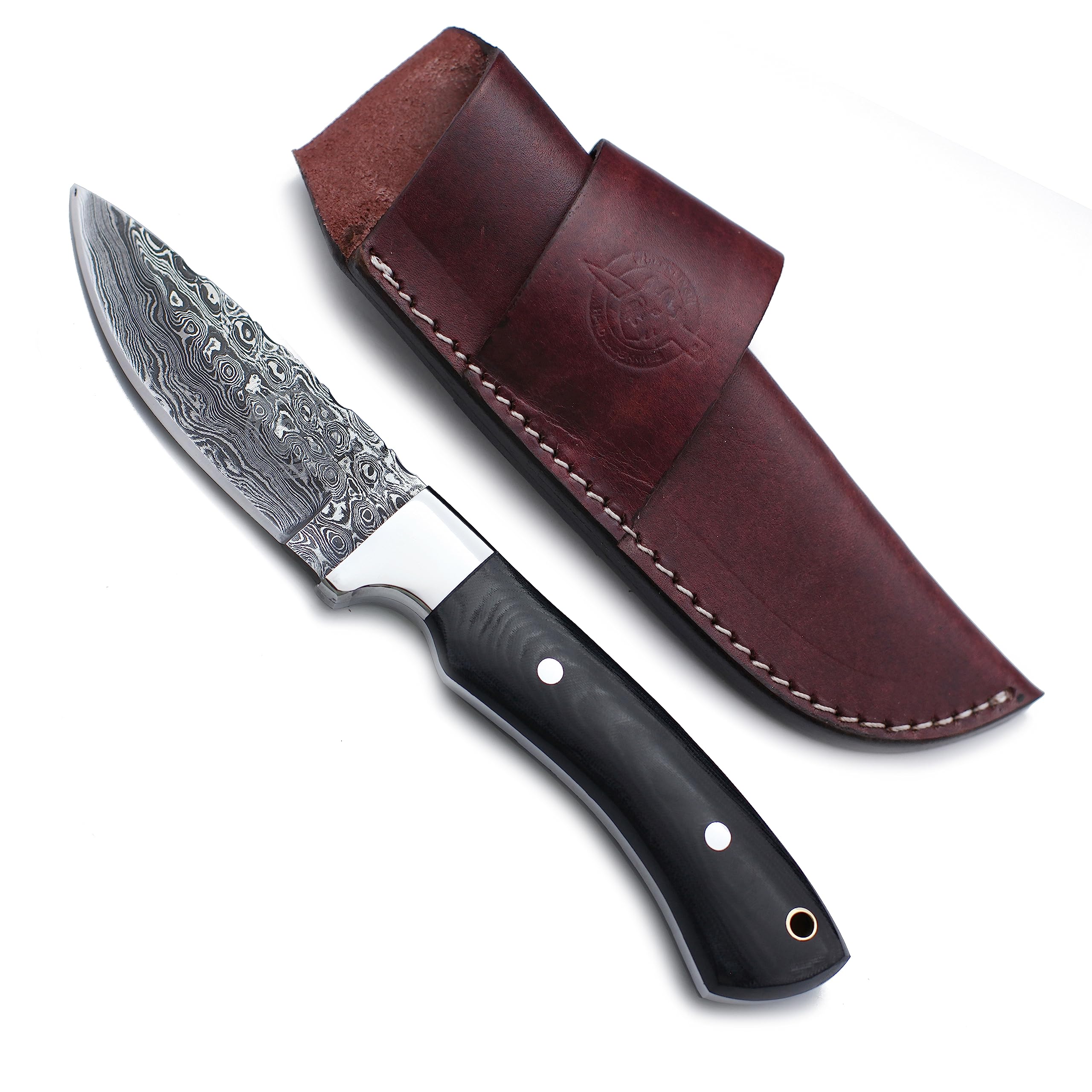 WolfKlinge Handmade Damascus Steel Knife for Hunting, Survival,Camping,Bushcraft,and Fishing- Fixed Blade Dagger with Drop Point Full Tang Micarta Handle, Leather Sheath - WKD-802