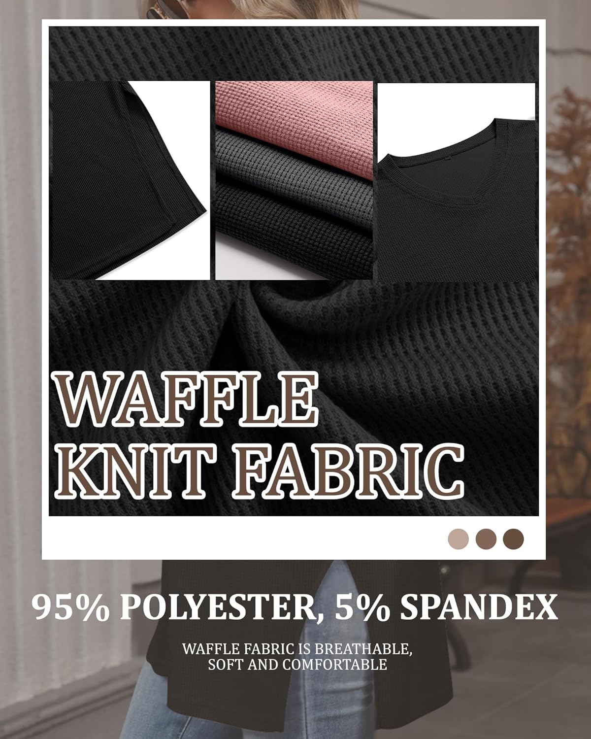 3 Pack Women’s Long Sleeve Waffle Knit Shirts Oversized V Neck Tops Loose Casual Sweatshirt Basic Side Split Tee - Image 5