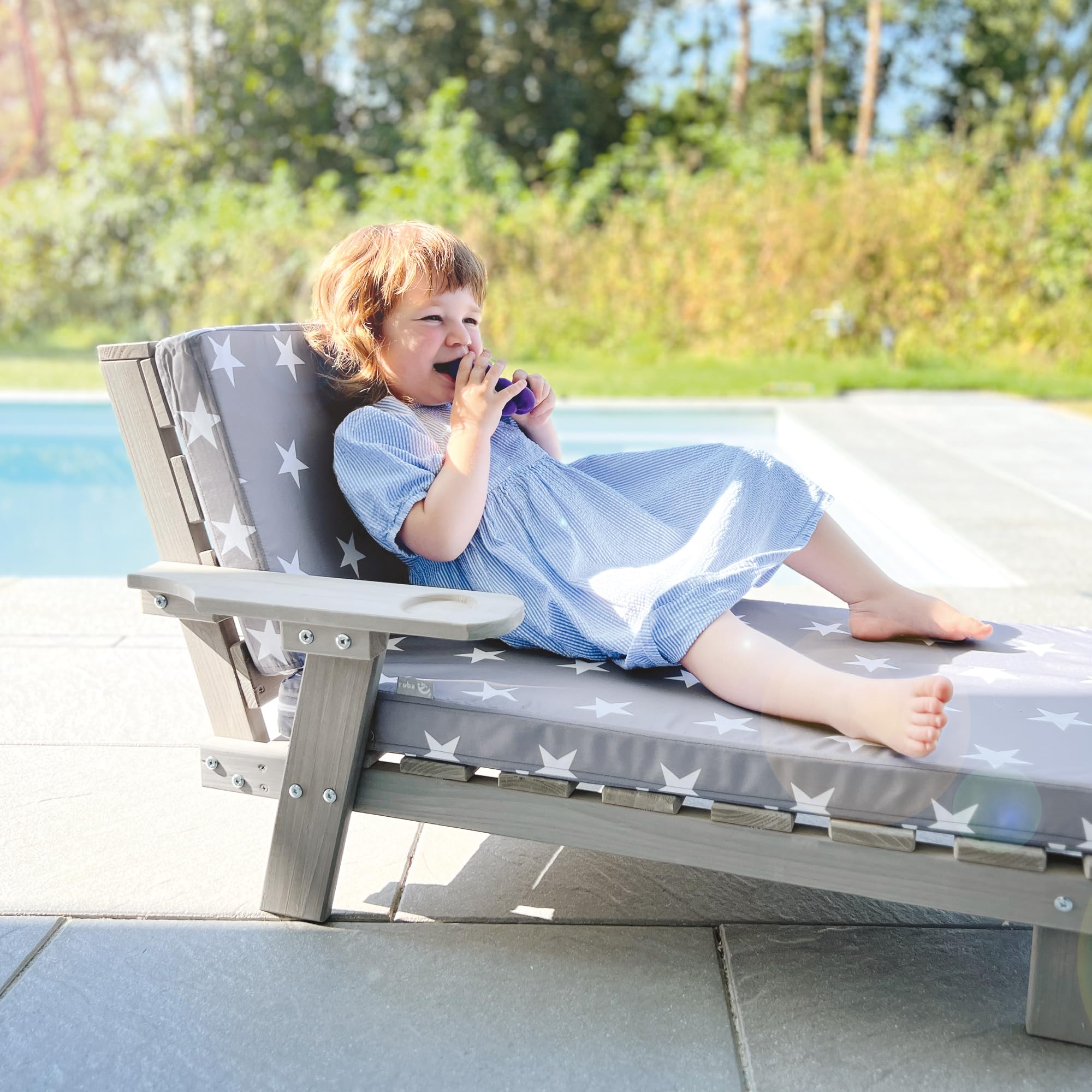 roba Sdraio per Bambini con Cuscini Little Stars - per Esterno, Giardino, Terrazza, all'Aria Aperta - Resistente alle Intemperie - con Portabicchieri - Certificato FSC - Legno Laccato Grigio