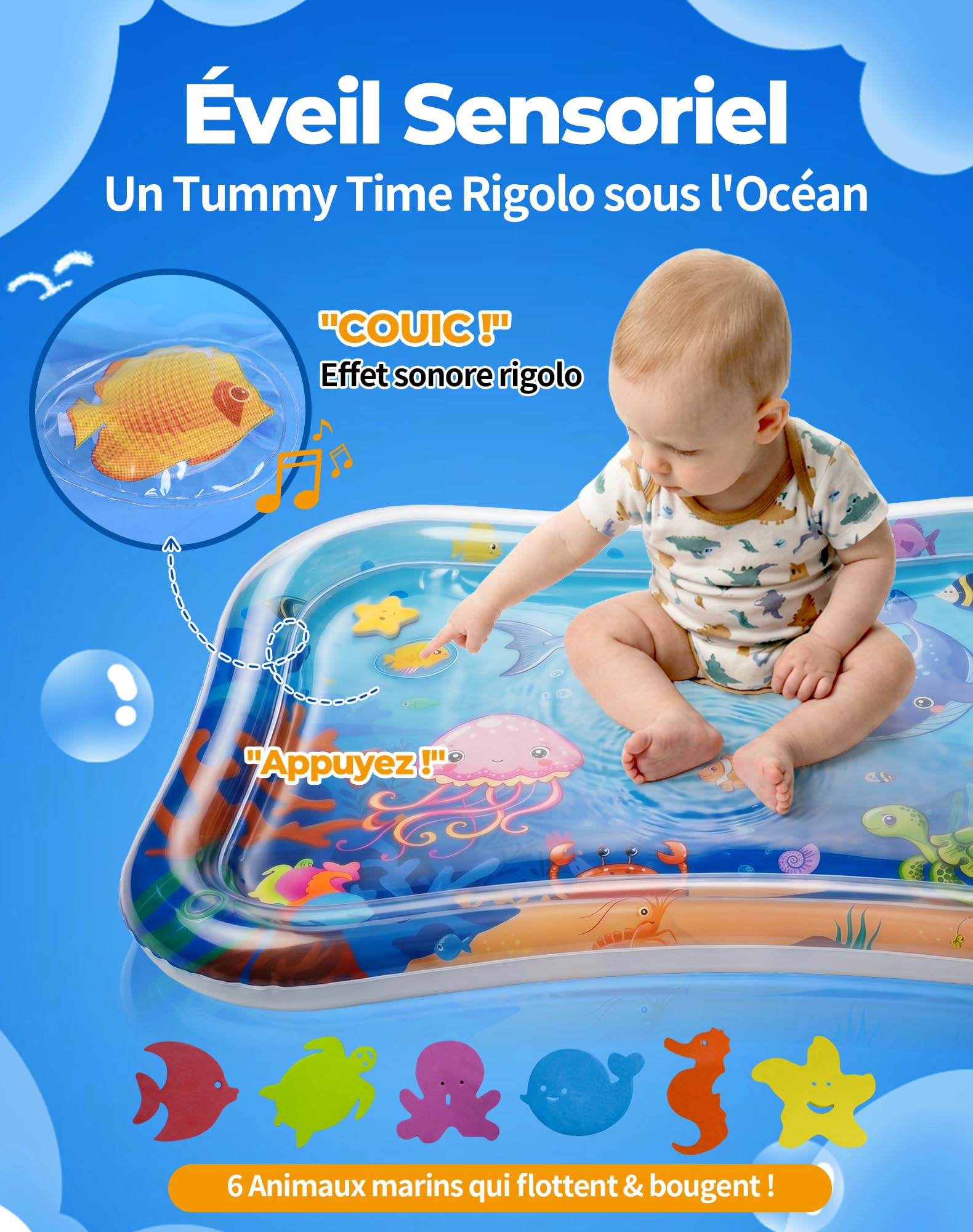 Grand Tapis d'eau Bébé 95x76cm Gonflable Tummy Time Tapis Eau Bebe Eveil Tapis Sensoriel Bébé Tapis Poisson pour Bébés et Tout-petits Cadeau Bebe Jouet Bebe 3 6 9 12 Mois