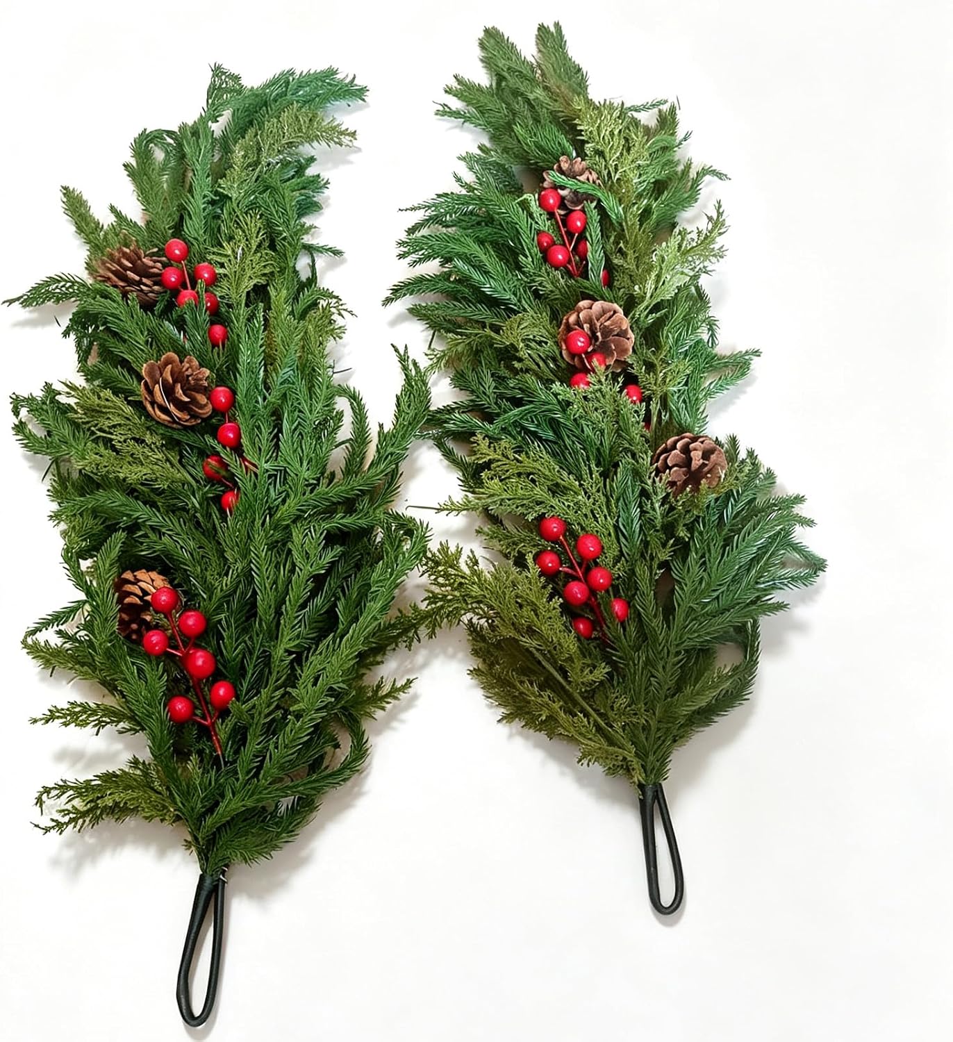 TURNMEON 2 Pcs Artificial Christmas Teardrop Swag, Artificial Norfolk Pine Cedar Branches Christmas Red Berries Wreath Pinecones for Xmas Door Mantle Holiday Decor
