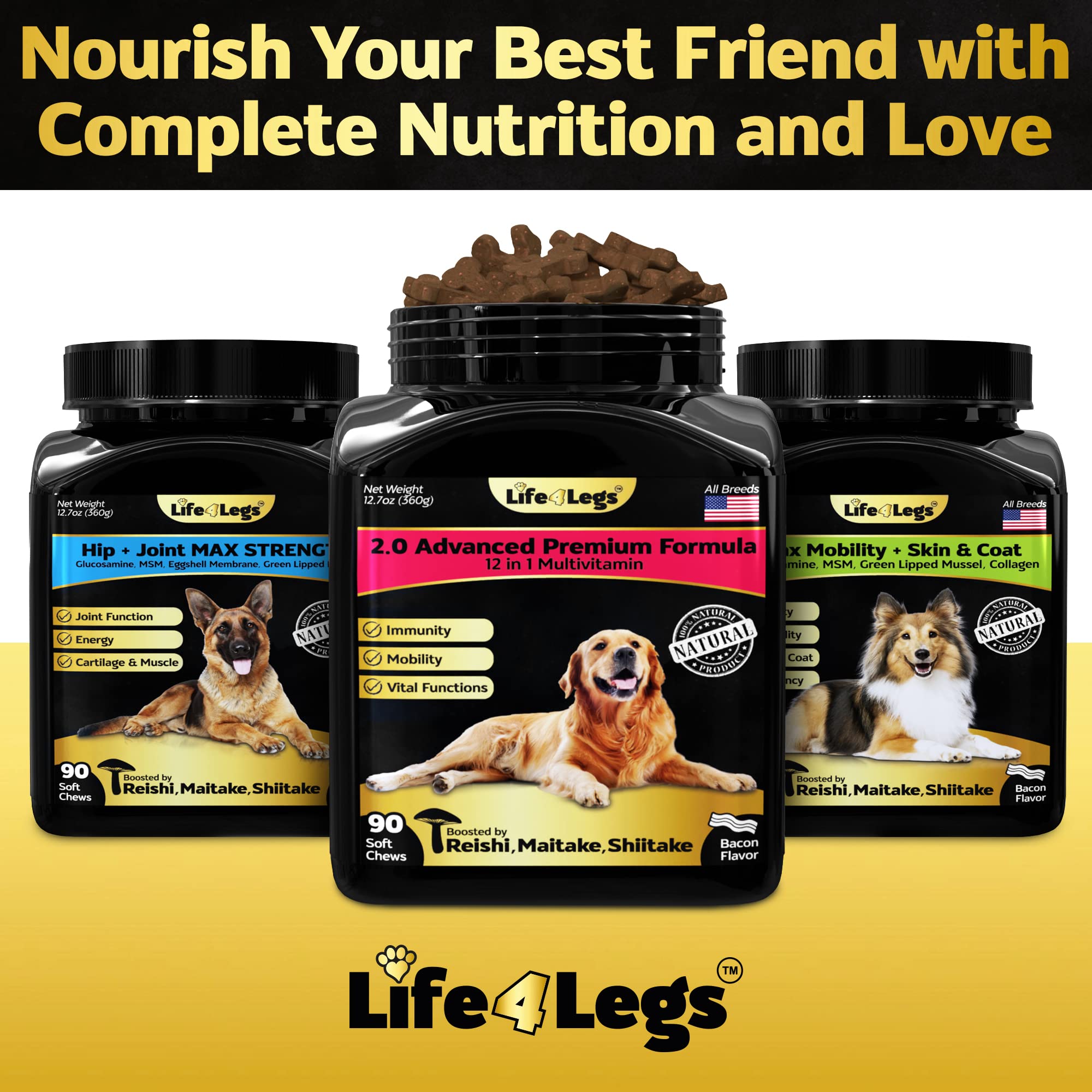 Dog Multivitamin Chews - 12-in-1 Dog Vitamins and Supplements with Collagen, Glucosamine, Omega 3 & Mushrooms for Skin & Coat, Hip & Joint, Immunity - Senior & All Breeds, Duck, 90ct — Amazon image 7