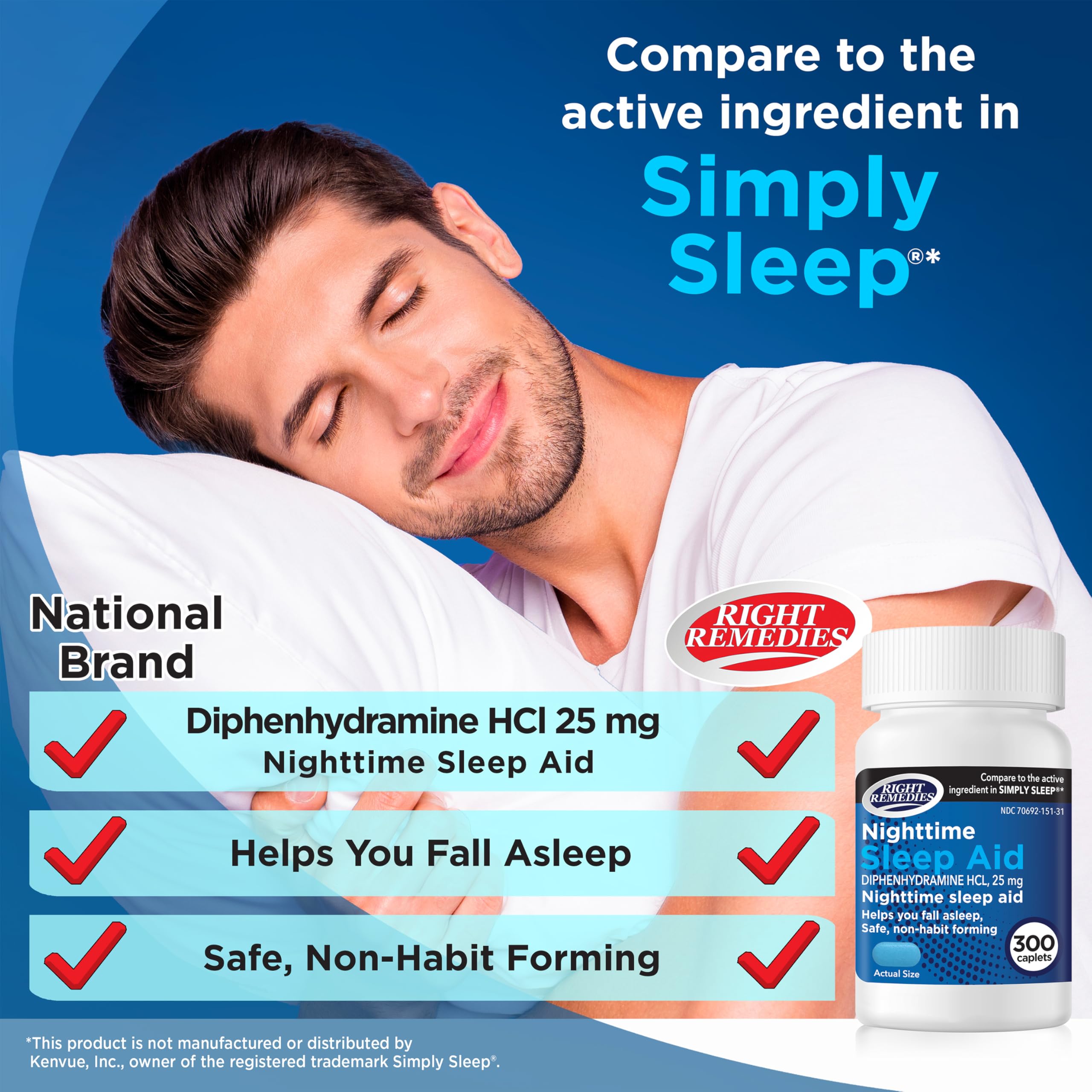 Nighttime Sleep Aid Caplets, Diphenhydramine HCl 25 mg, Safe & Non-Habit Forming, Compare to the Active Indgredient in Simply Sleep®, (300 ct)