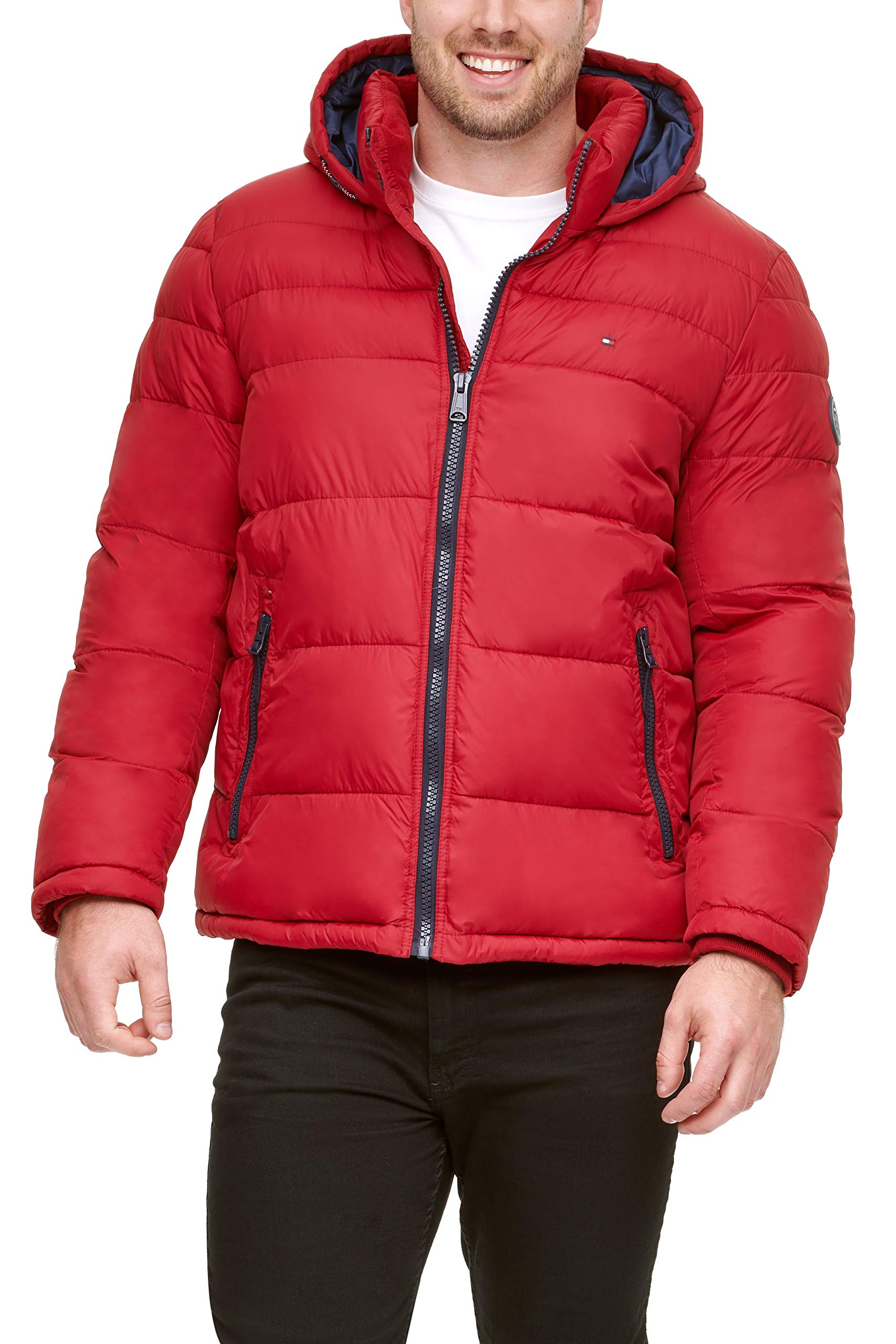 Tommy Hilfiger Men's Hooded Puffer Jacket Down Alternative Coat, Red, 3XL Tall