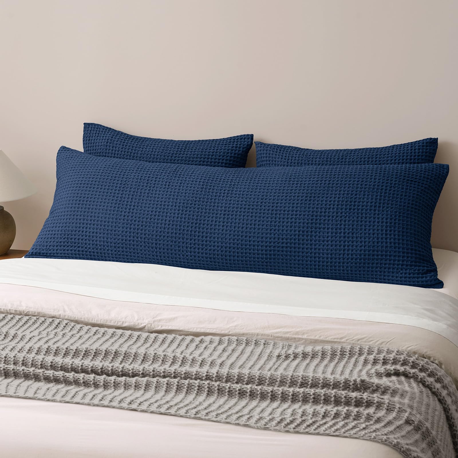 phf ultra soft waffle weave body pillowcase with zipper, no insert, 1pack 20" x 54" pillow sham, breathable & skin-friendly body pillow case, stylish decorative bed pillow cover, navy blue/dark blue