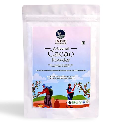 Vista 2 de Indic Organics Cacao en polvo artesanal No alcalinizado, no holandés, sin azúcar, tostado lento y mínimamente procesado De la región de Ghats