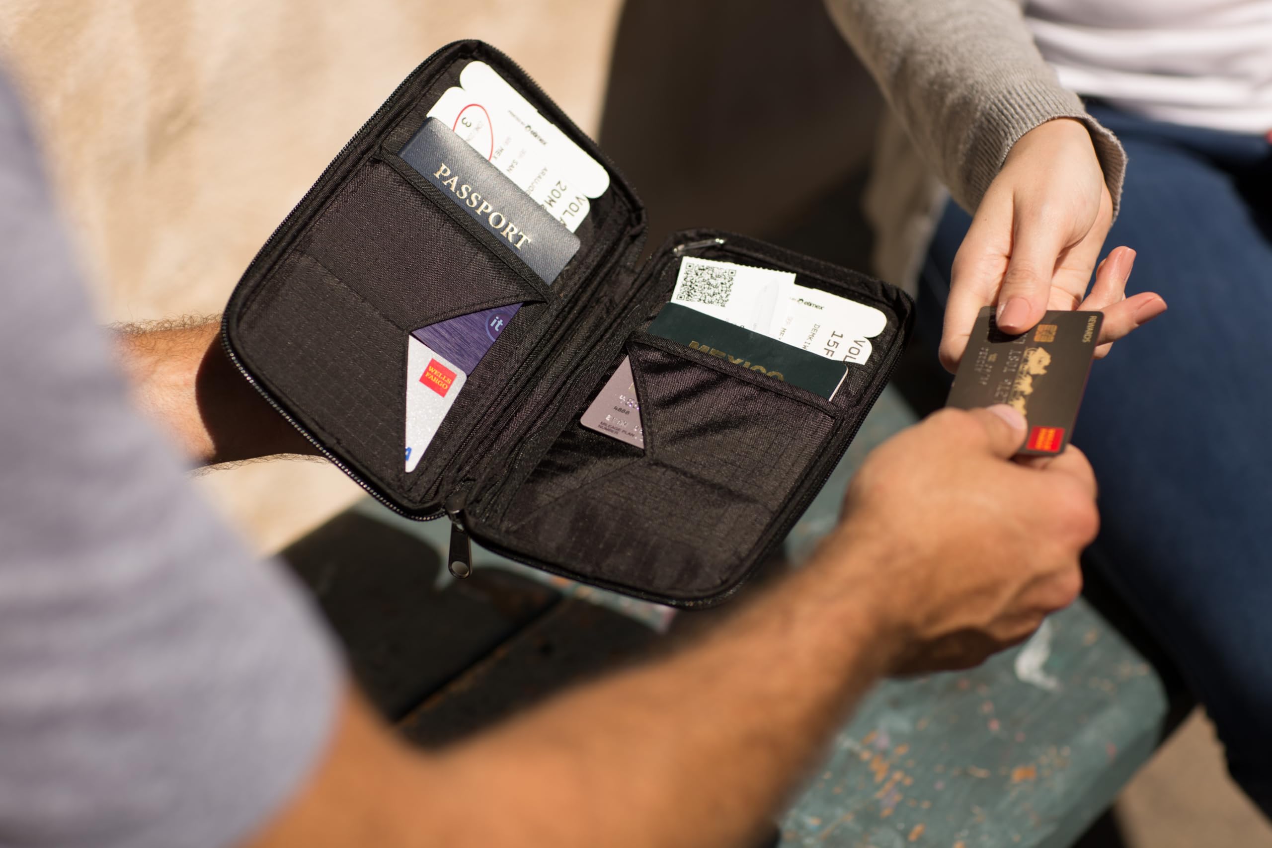 Zero Grid RFID Passport Holder & Travel Wallet, Zippered Wallet for Men & Women, Fits Passport, Cards, Cash, Tickets, ID, Sim Card; Premium & Compact Travel Document Holder - Rose Pink: Family Black