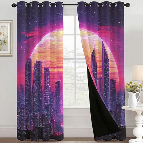 Miniatura 3 de Retro Neon Synthwave Curtains 63 Inch 2 Panel Set, 95% Blackout Curtains City Skyline Pattern, Retro Neon Synthwave Decor for Living Room Bedroom,
