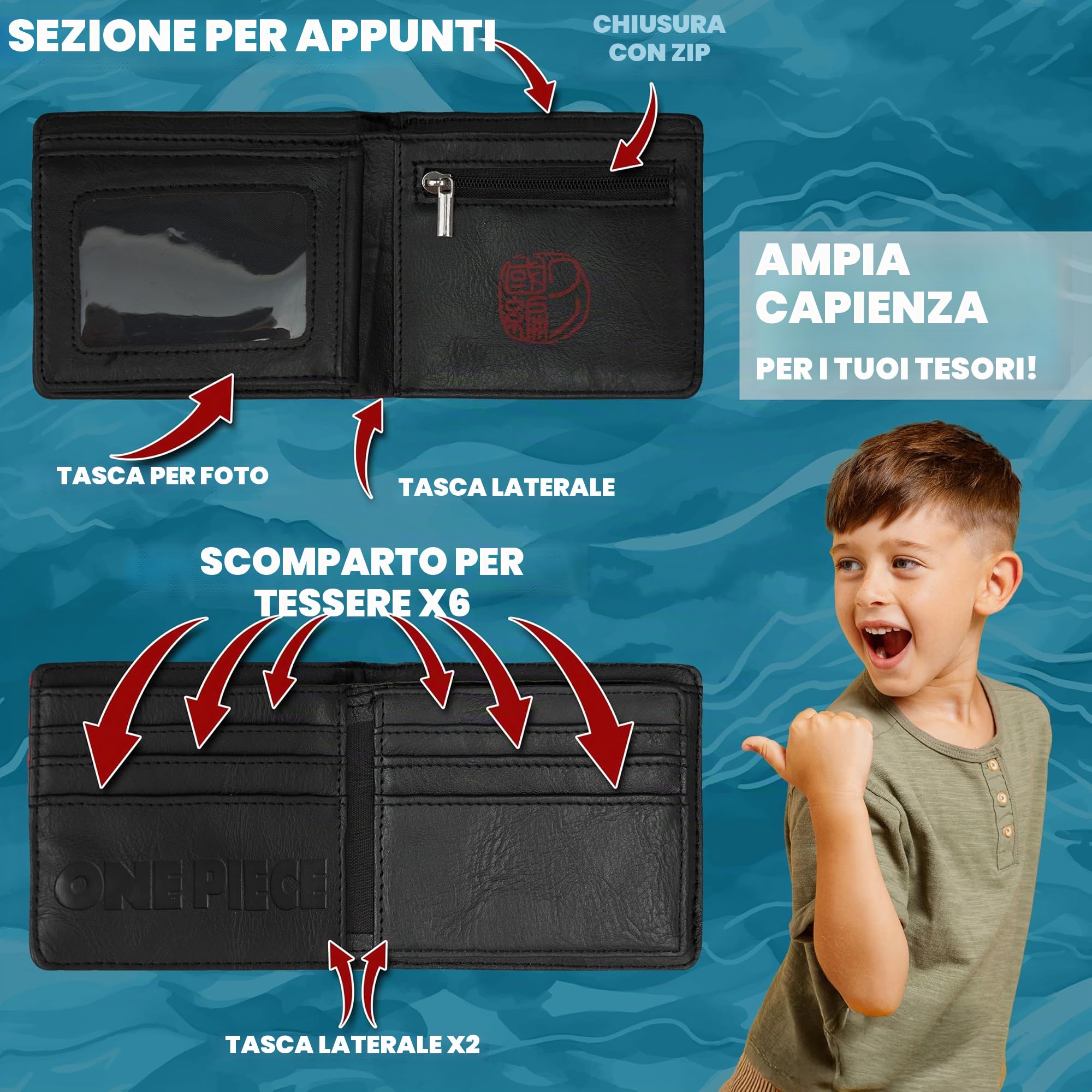 One Piece Portafoglio Ragazzo Uomo Bambini, Porta Carte e Porta Soldi Similpelle, Sottile Portafogli Anime, Accessori Viaggio (Borgogna)