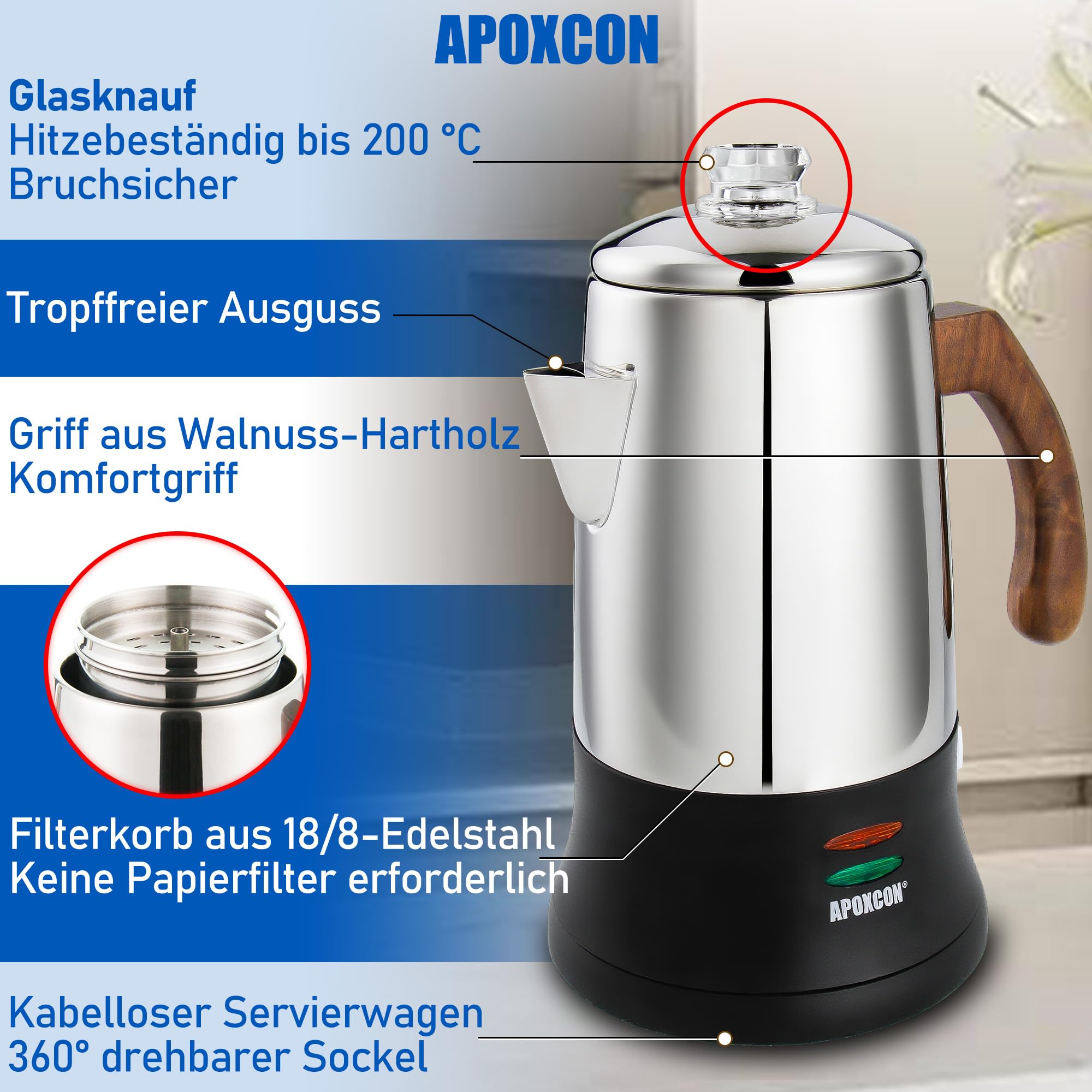 APOXCON Edelstahl 18/8 (SS304) Kaffeemaschine Elektrischer Perkolator, Kordlos mit Schauglas für Haushalt Hotel Geschenkbox (6 Tassen)