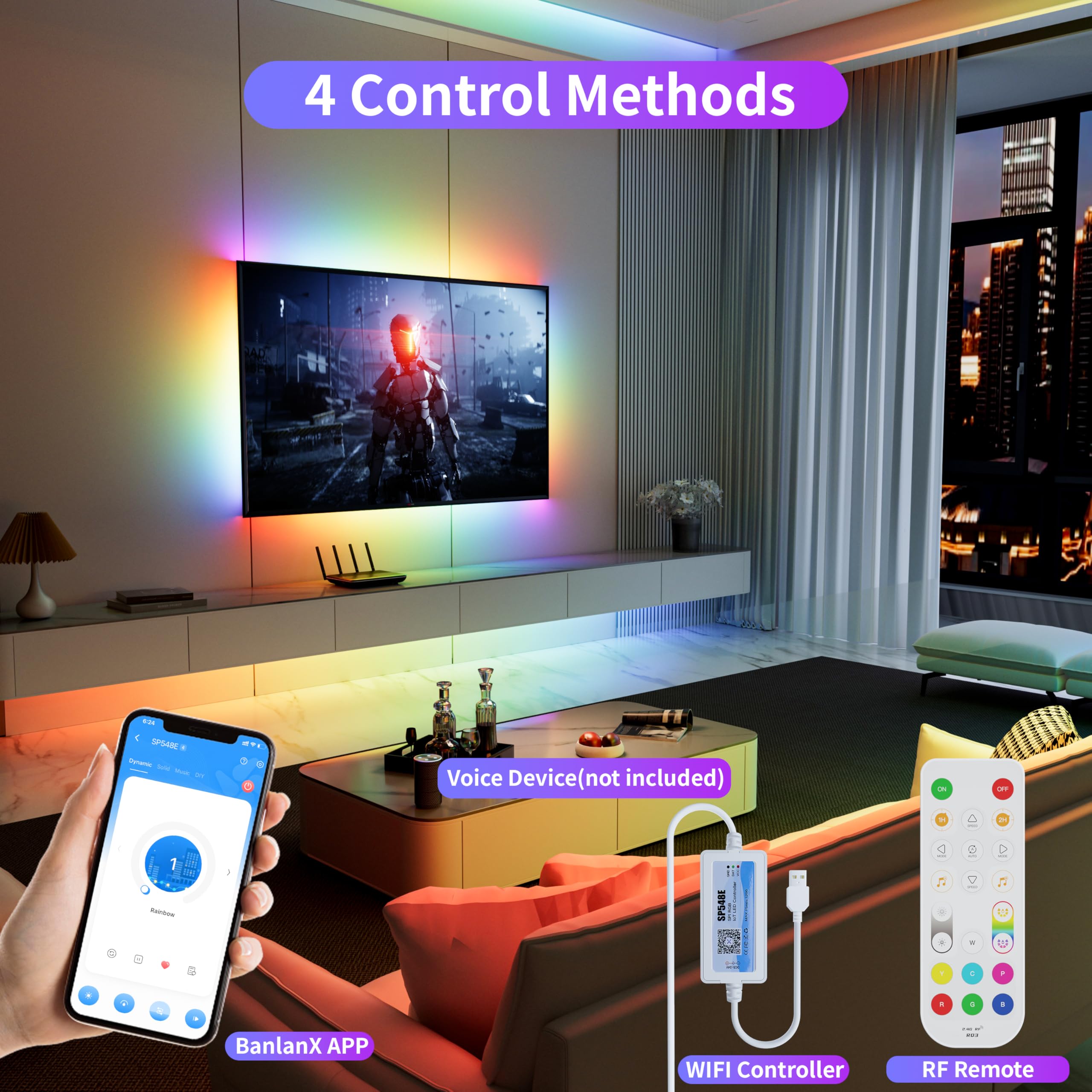 OULARA USB RGB WS2811 IC COB LED Strip 5V Addressable LED Light Strip 2M Colour Chasing Flexible Rope Lights with APP Control/Music Mode Work with Alexa/Google for TV Mirror Bedroom Party DIY Lighting - Image 3