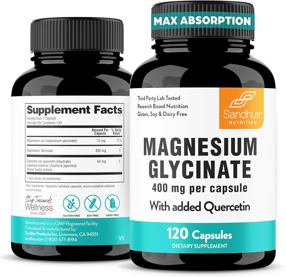 Sandhu's Magnesium Glycinate 400mg Capsules with Quercetin | Quality Sleep, Relaxation, Muscle Health & Immune Support | 120 Count (Pack of 1) | Easy to Swallow | for Women and Men