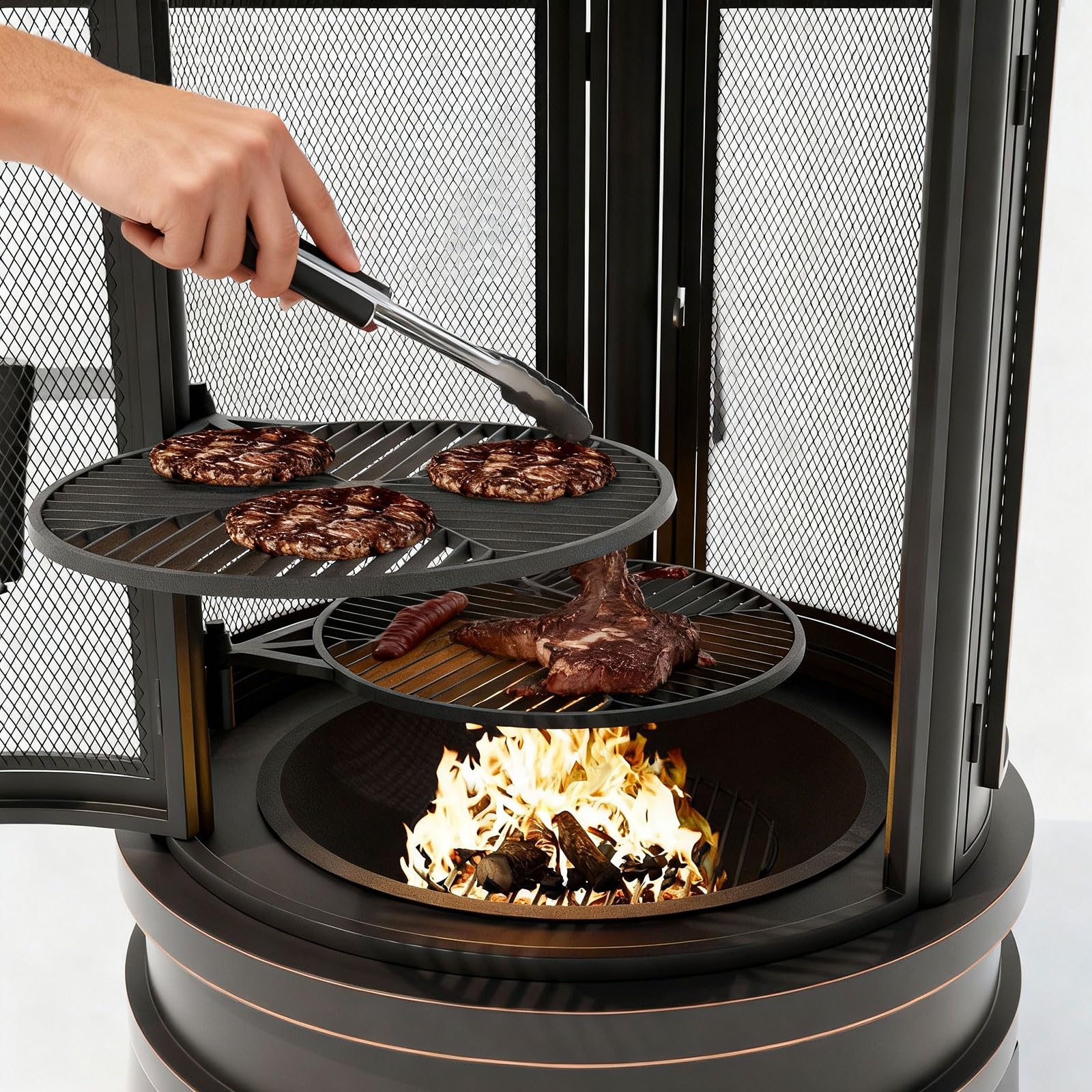 ALAULM Braciere in metallo con griglia, braciere 2 in 1 con griglia regolabile e porta zanzariera a rete, camino a 3 porte multi-accesso per patio, giardino e cortile