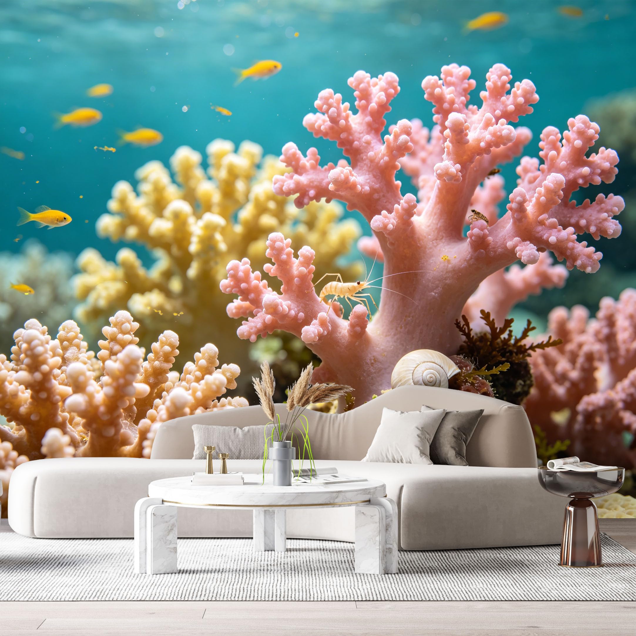Custom Size Wall Murals Ocean Marine Watercolor Pink Coral Reef Tropical Fish Seashell SelfAdhesiveWall Fabric Removable Wallpaper Wall Decor for Living Room Bedroom Bathroom
