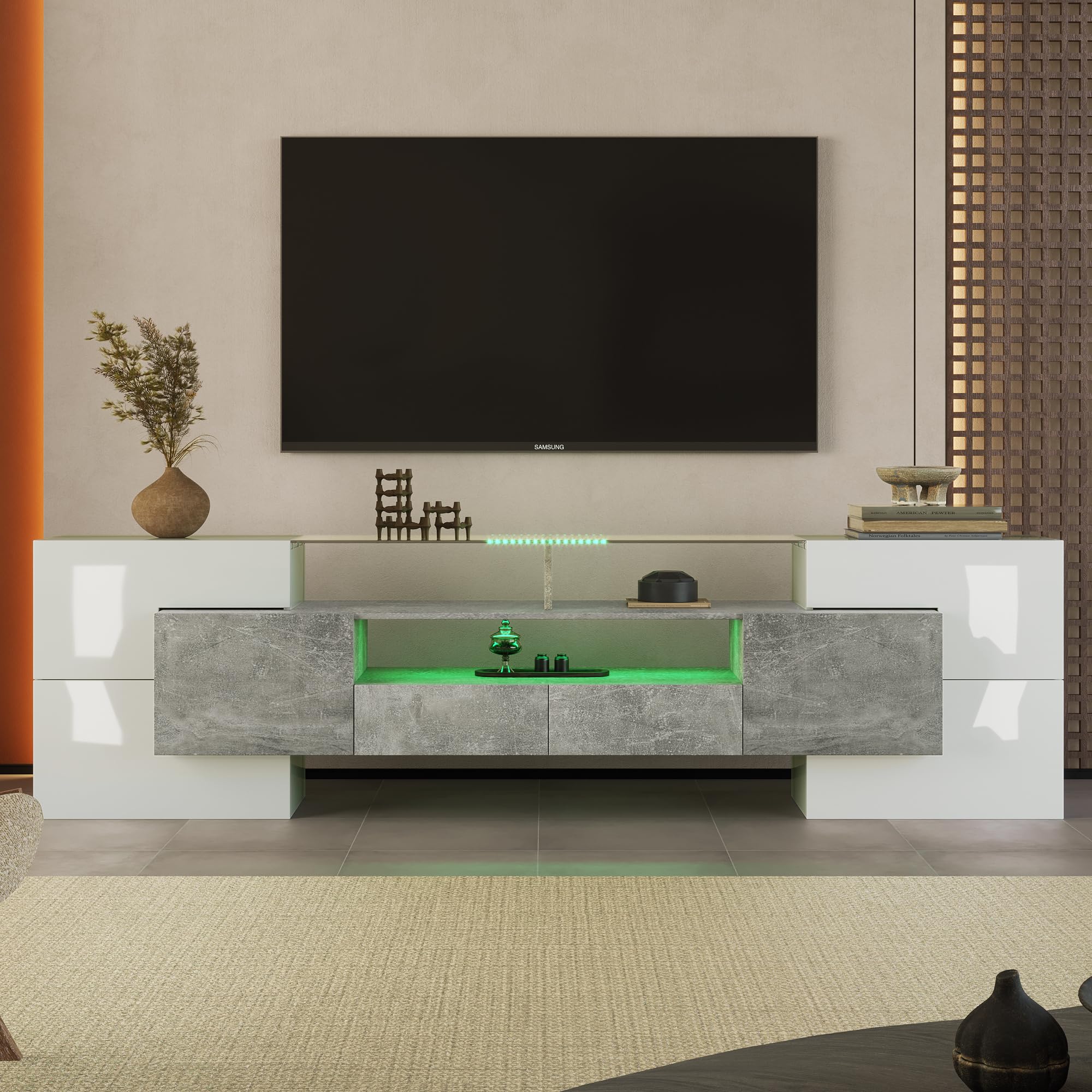 Aunvla Elegante Mueble de TV de Color Blanco Brillante de 200 cm con iluminación LED para Sala de Estar. Diseño Moderno. Elegante Superficie de Cristal., WW31116017-01