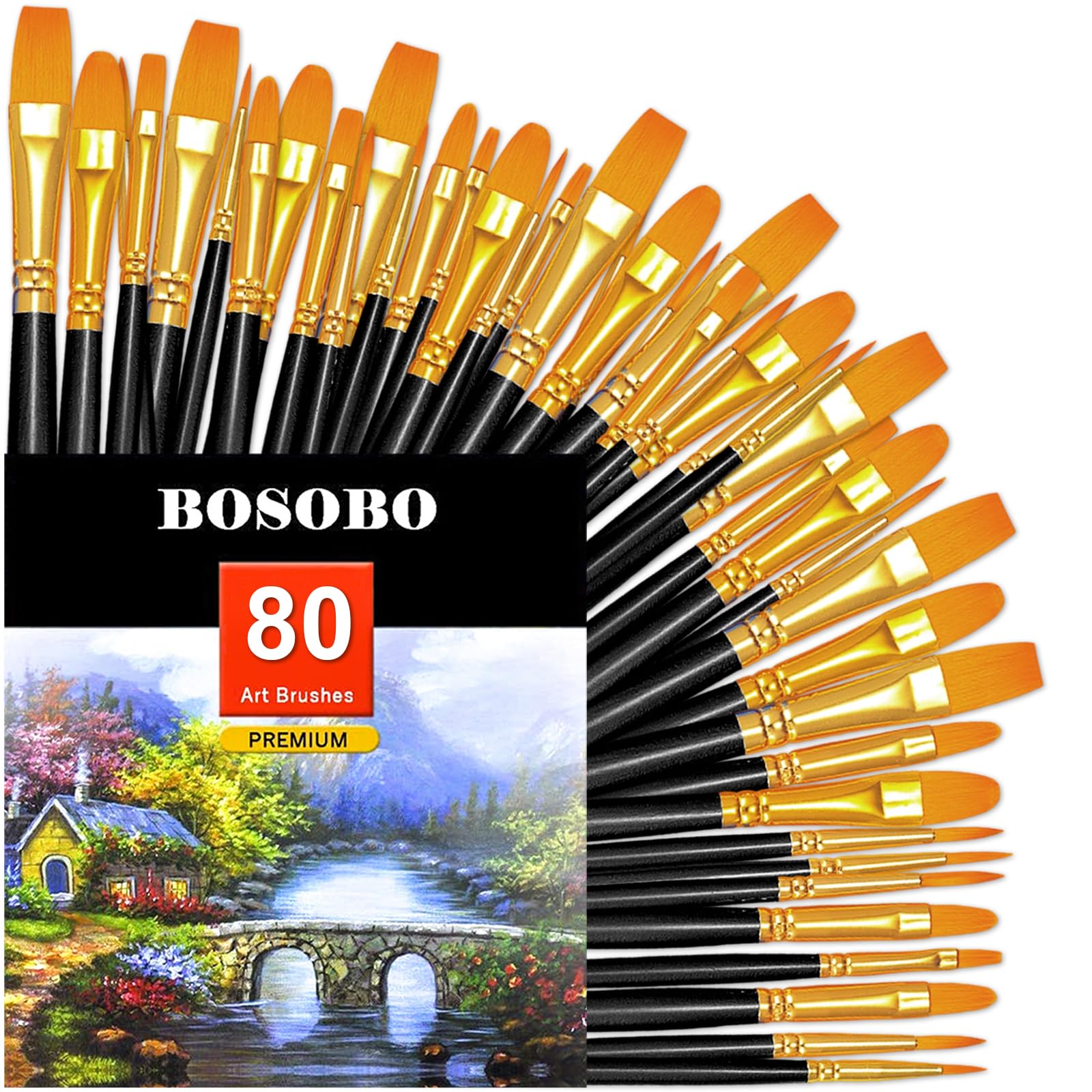 BOSOBO Assorted Nylon Acrylic Artist Paint Brushes Set,Black,80 Pcs