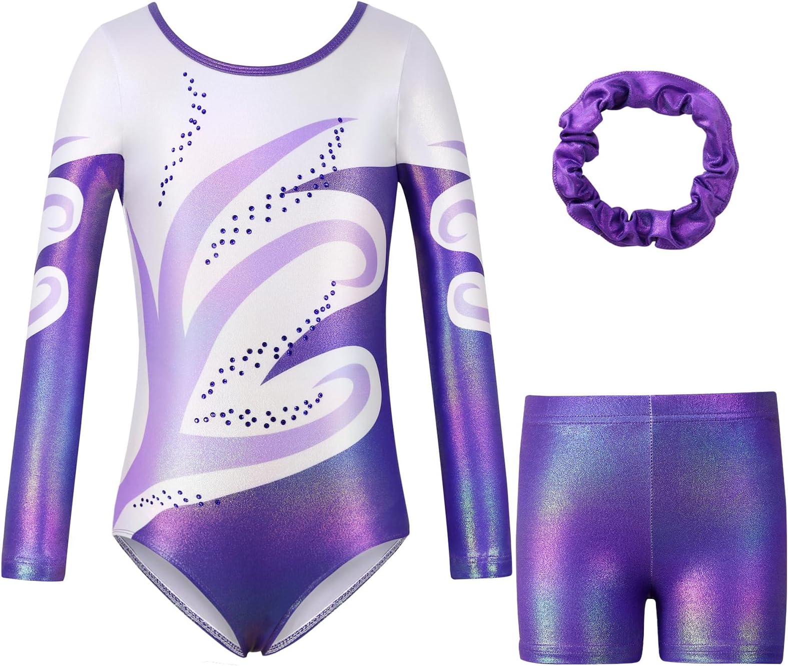Girls Gymnastics Leotards Three-Piece Gymnastics Set Long Sleeve/Sleeve Leotards with Shorts and Hairband Sparkling Ballet Dancing Unitards Athletic Outfit 5 6 7 8 9 10 11 12 Years