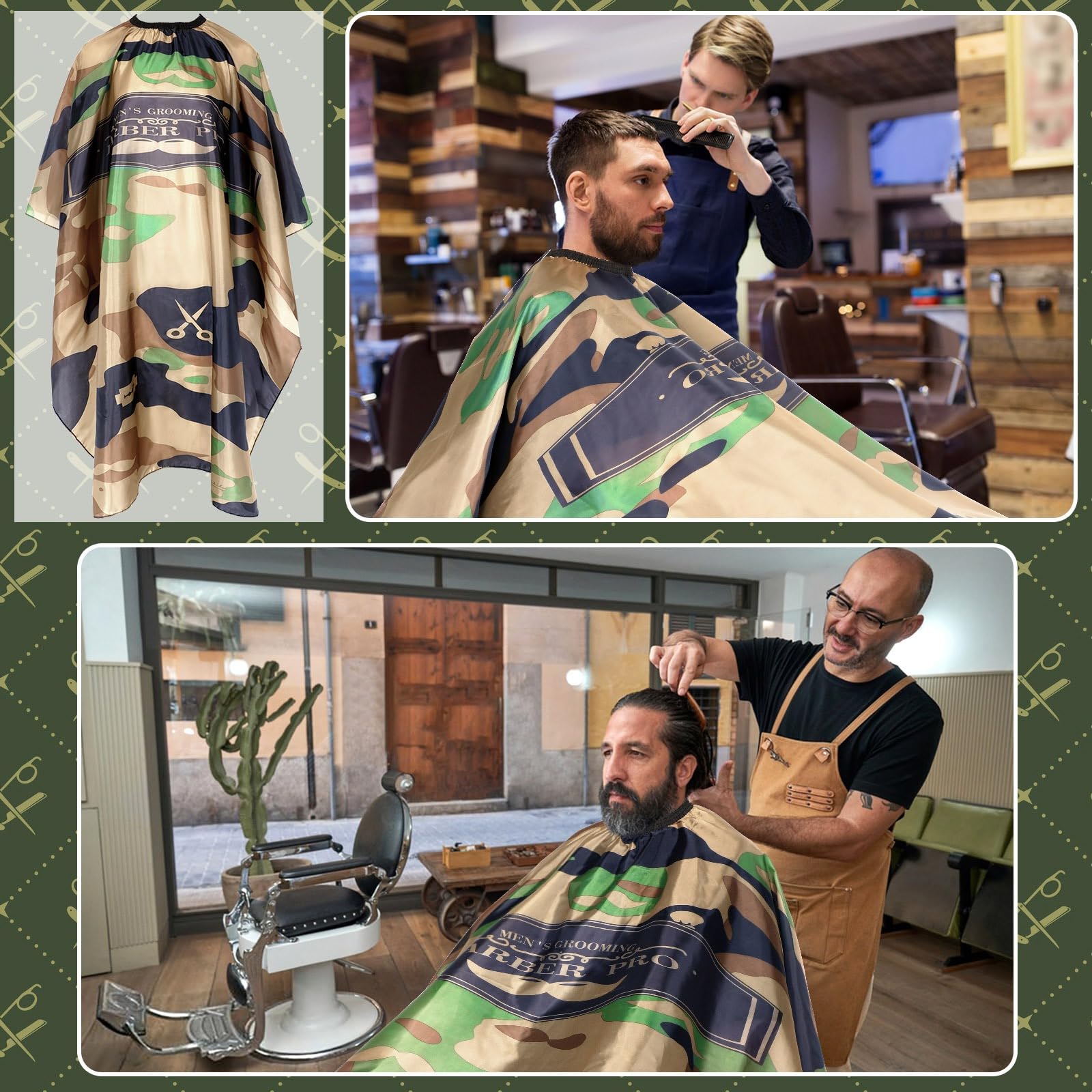 FEBSNOW Friseurumhang, wasserdicht, professionell, Haarschneideumhang, Hals-Staubwedelbürste für Haarschnitt, Armeegrün, Salon-Bart, Friseur-Kits, 117 x 142 cm