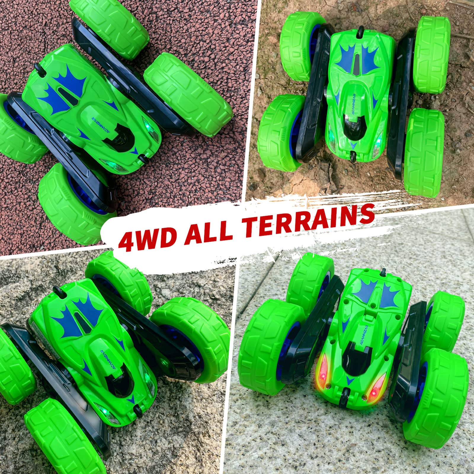 ACAMMZAR RC Voiture Telecommandé Tout Terrain pour Enfants, 2.4GHz 4WD 360° Rotation Stunt Car, Offroad RC Voiture Crawlers avec LED 2 Piles Rechargeables für Enfants Adulte