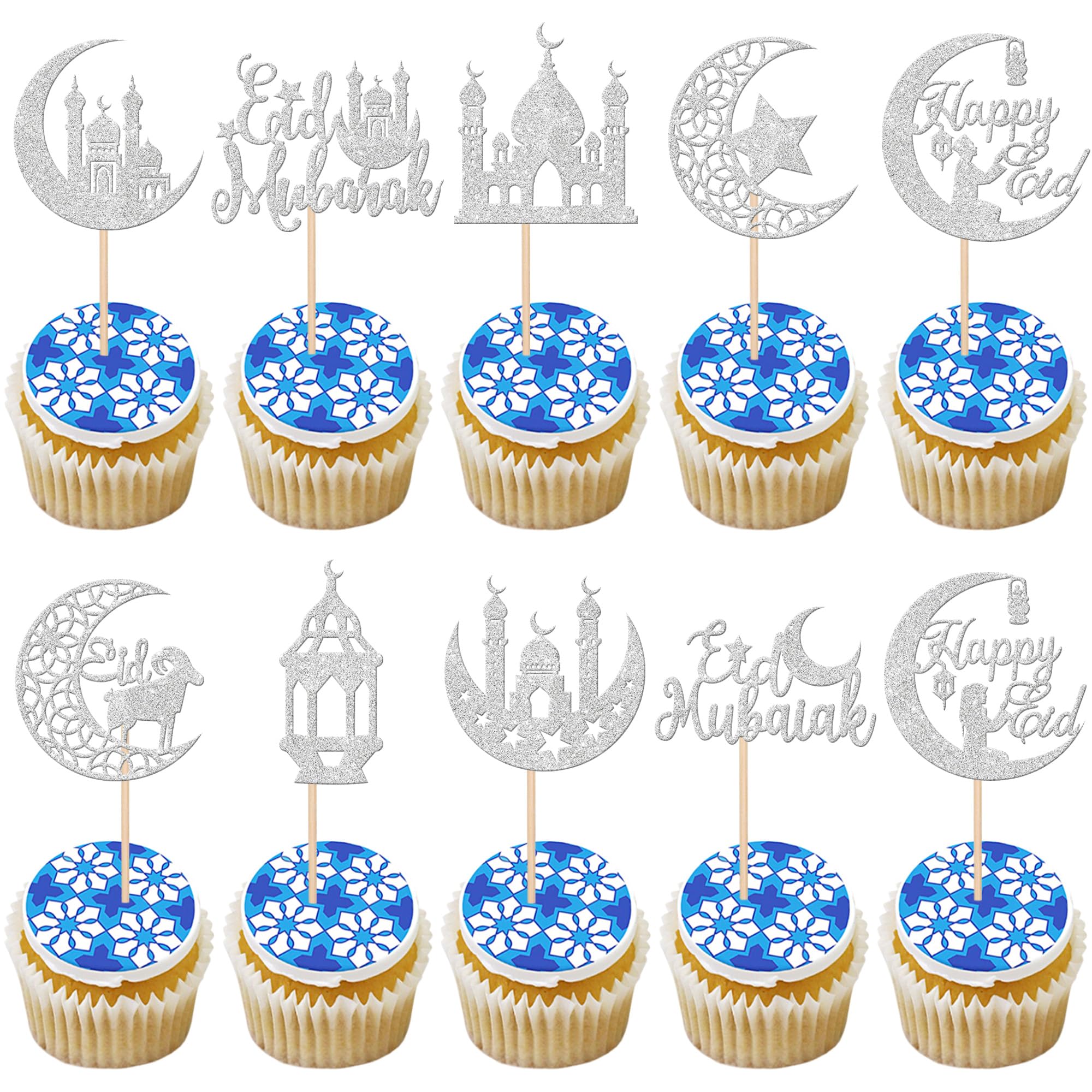 Xsstarmi 30 Pack Eid Mubarak Cupcake Toppers Gold Silver Moon Star Ramadan Kareem Cupcake Picks Eid al-Adha Cupcake Decorations for Eid Islamic Muslim Theme Party Cake Decorations Supplies — image 1