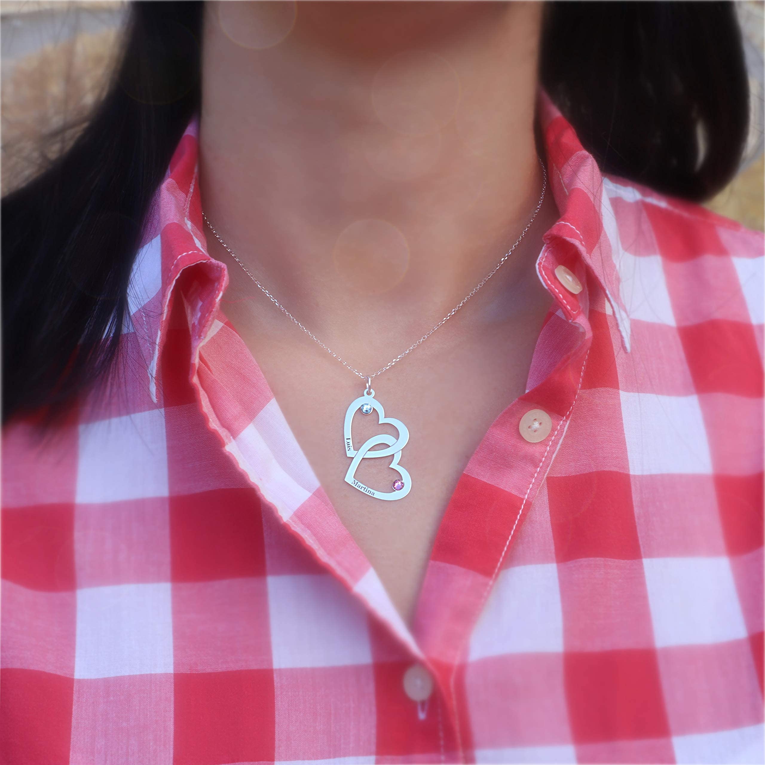 Collar de Plata con Corazones Personalizado - Colgante Personalizado con Nombres y Piedras en Plata de Ley, ideal para regalar