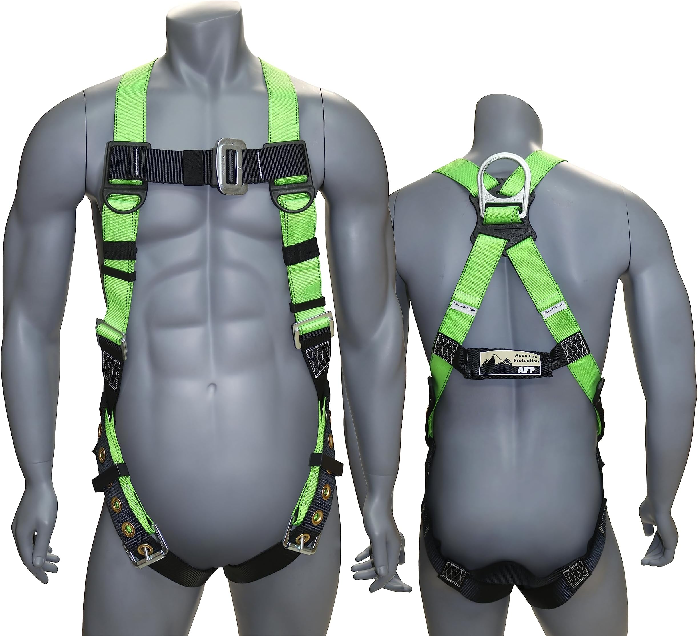 Universal Full-Body Safety Harness w/Dorsal D-Ring Tongue Buckle Legs High-Viz Green, Shock Absorbing Lanyard (OSHA/ANSI)