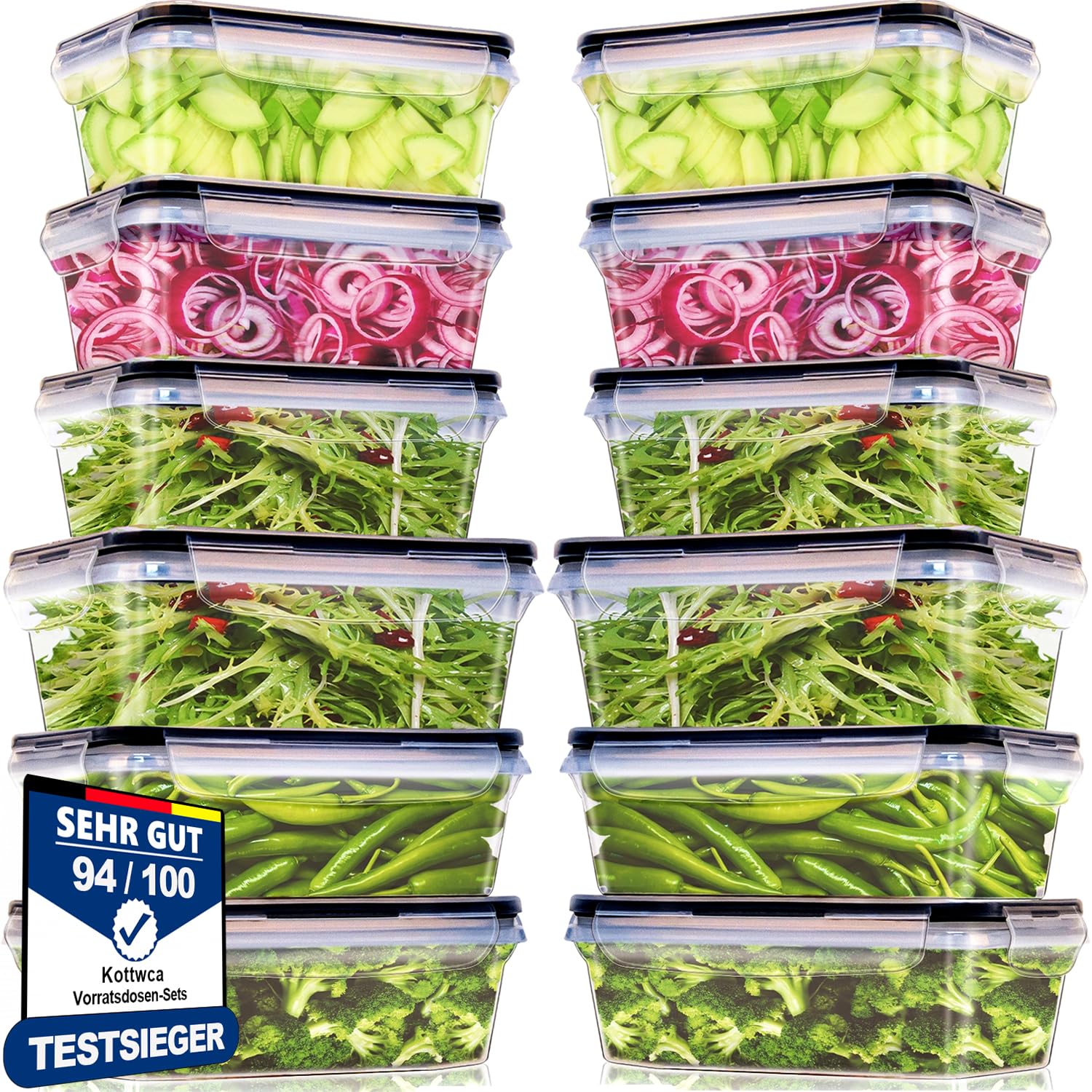 Kottwca Juego de recipientes herméticos con tapa, 12 piezas de gran capacidad (6 x 1000ml + 6 x 1500ml), cajas de preparación de comida para la cocina 100% a prueba de fugas, juego de fiambreras libre
