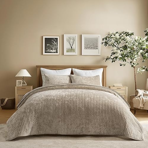 Miniatura 25 de EVERGRACE - Juego de edredón de terciopelo tamaño King, lujoso juego de ropa de cama a rayas suaves, edredón de terciopelo ligero para todas