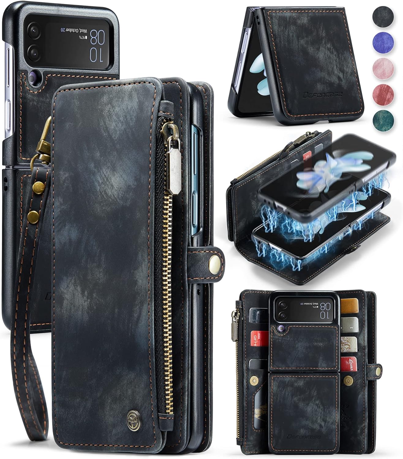 Defencase Z Flip 4 Case, Galaxy Z Flip 4 Case Wallet Detachable with Card Holder for Women Men, PU Leather 2-in-1 Wristlet Strap Zipper Magnetic Removable Wallet Case for Samsung Z Flip 4 5G, Black Fashion Black