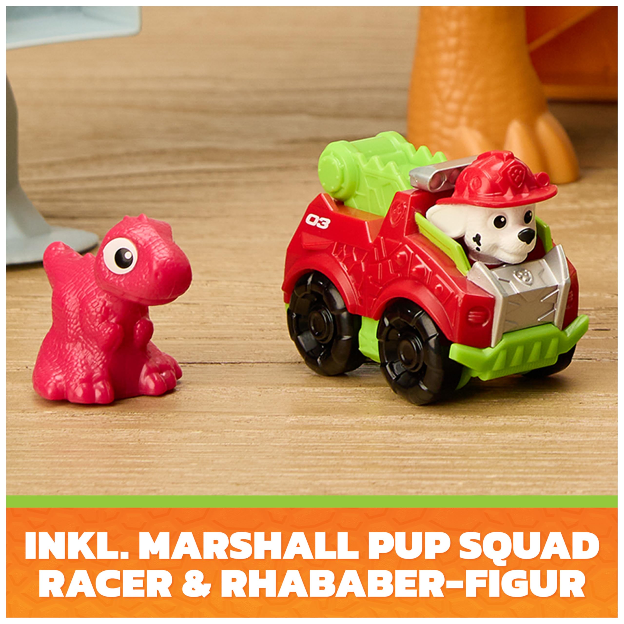 PAW PATROL: Der Dino Film, Pup Squad Lift & Race Dino Spielset mit Marshall Racer und Rhabarber-Figur, Spielzeug für Kinder ab 3 Jahren