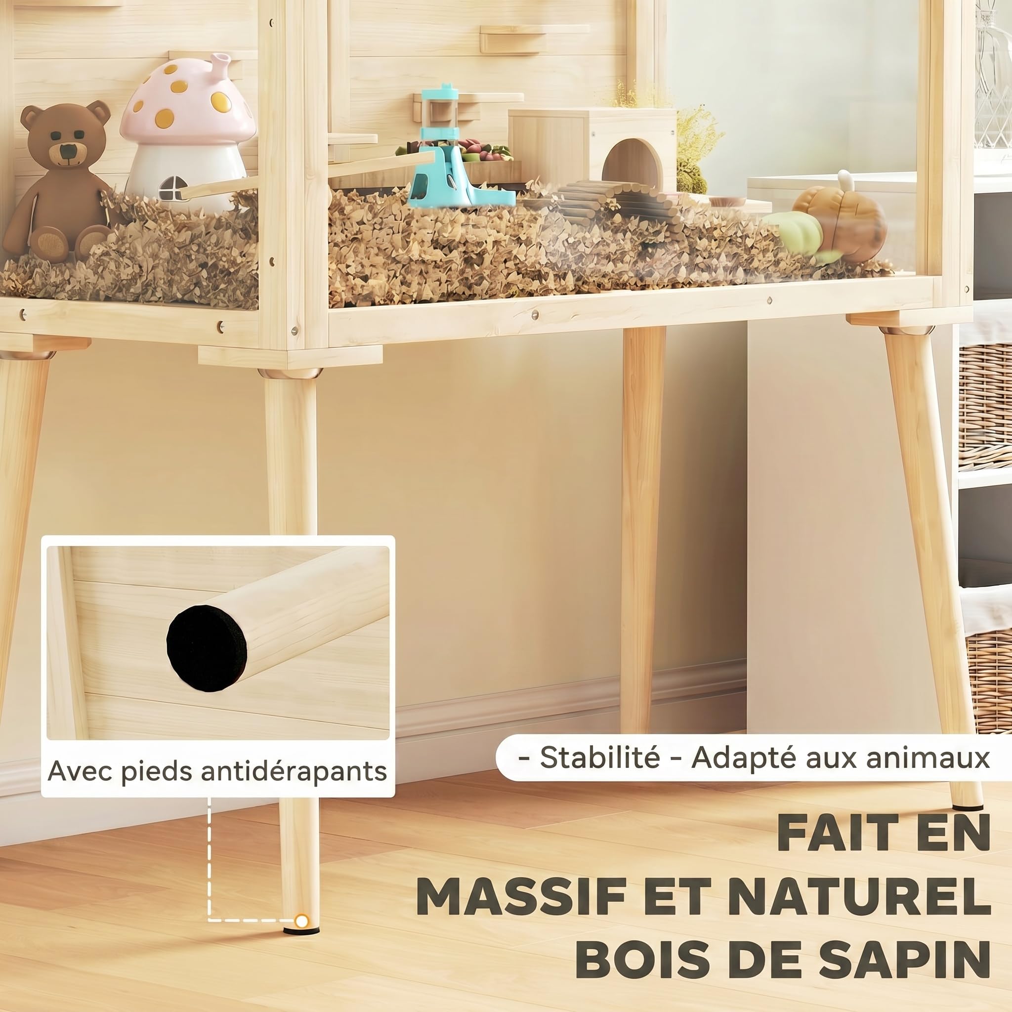 PawHut Cage Hamster en Bois Toit Ouvrable 110x52x101cm Effet Bois Naturel | Habitat pour Rongeur et Souris, 7 Plateformes, 2 Balançoires, Bouteille d'Eau, Cage à Gerbilles