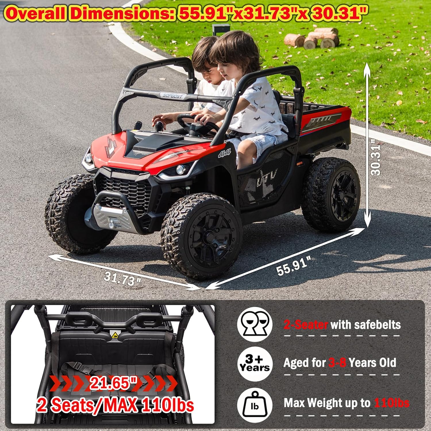 XL 24V 4WD Kids Electric Car Side by Side UTV Ride On Dump Truck with Electric Dump Bed, 2 Seater Ride on Toys Car with Remote Control, EVA Tires, Rear Shock Absorbor, 4x75W Motors, Shovel, Music, Red