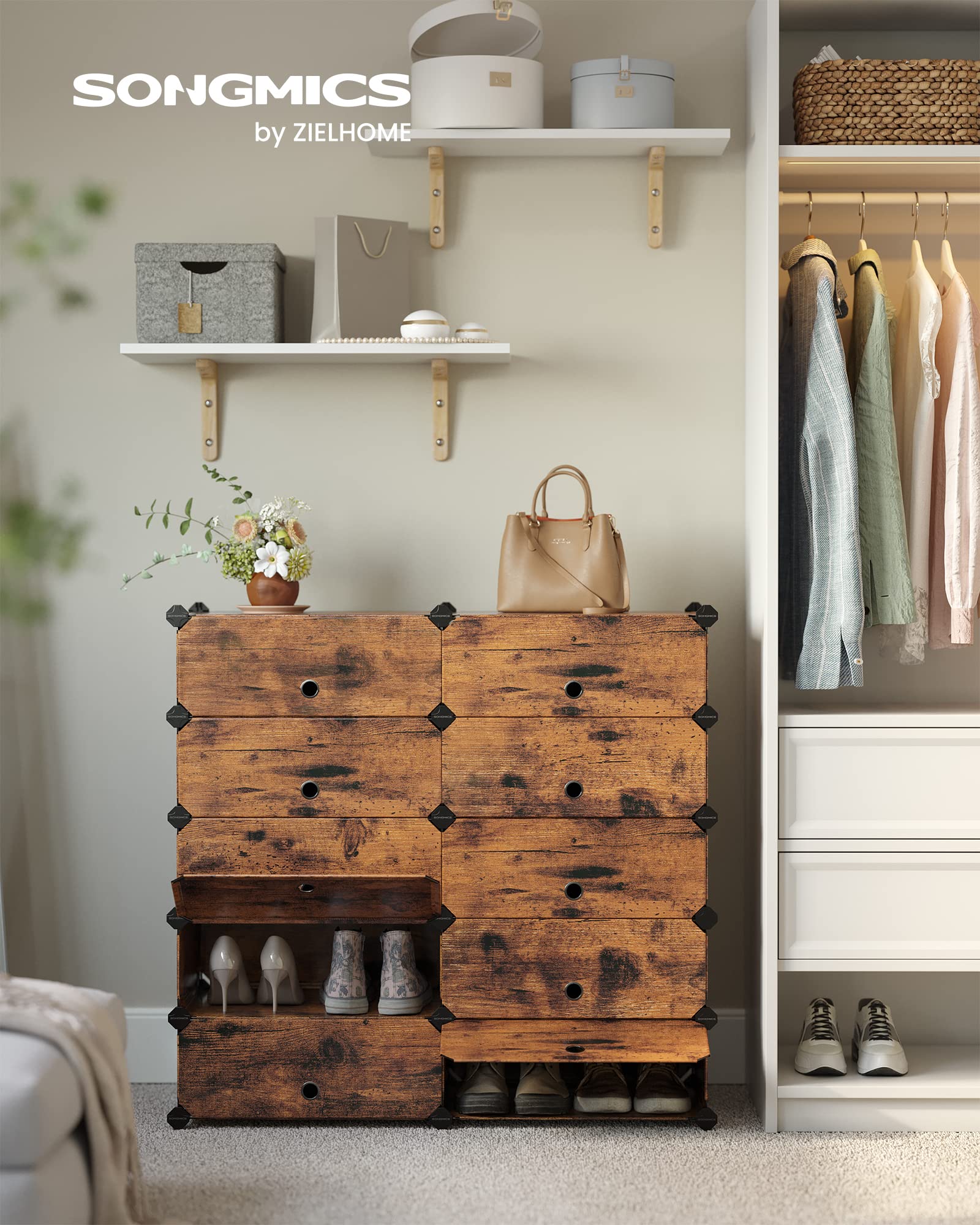 SONGMICS Scarpiera a 10 Scomparti, Scaffale Componibile in Plastica, Armadietto Portascarpe Fai da Te con Ante e Martelletto, Mobiletto Porta Scarpe, Marrone Vintage LPC010A01
