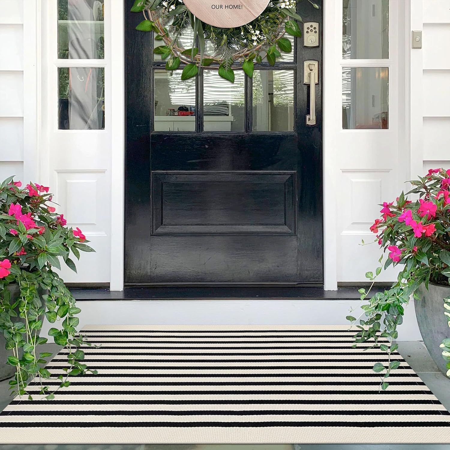 IOHOUZE Black Beige Striped Rug -2.3'x3.6' Front Door Rugs Outdoor, Small Washable Area Rug for Front Porch, Spring Summer Welcome Mats Outdoor Indoor, Doormat for Entryway Porch Entrance 2'4" x 3'8" (Rectangular) Light Beige Black Stripe