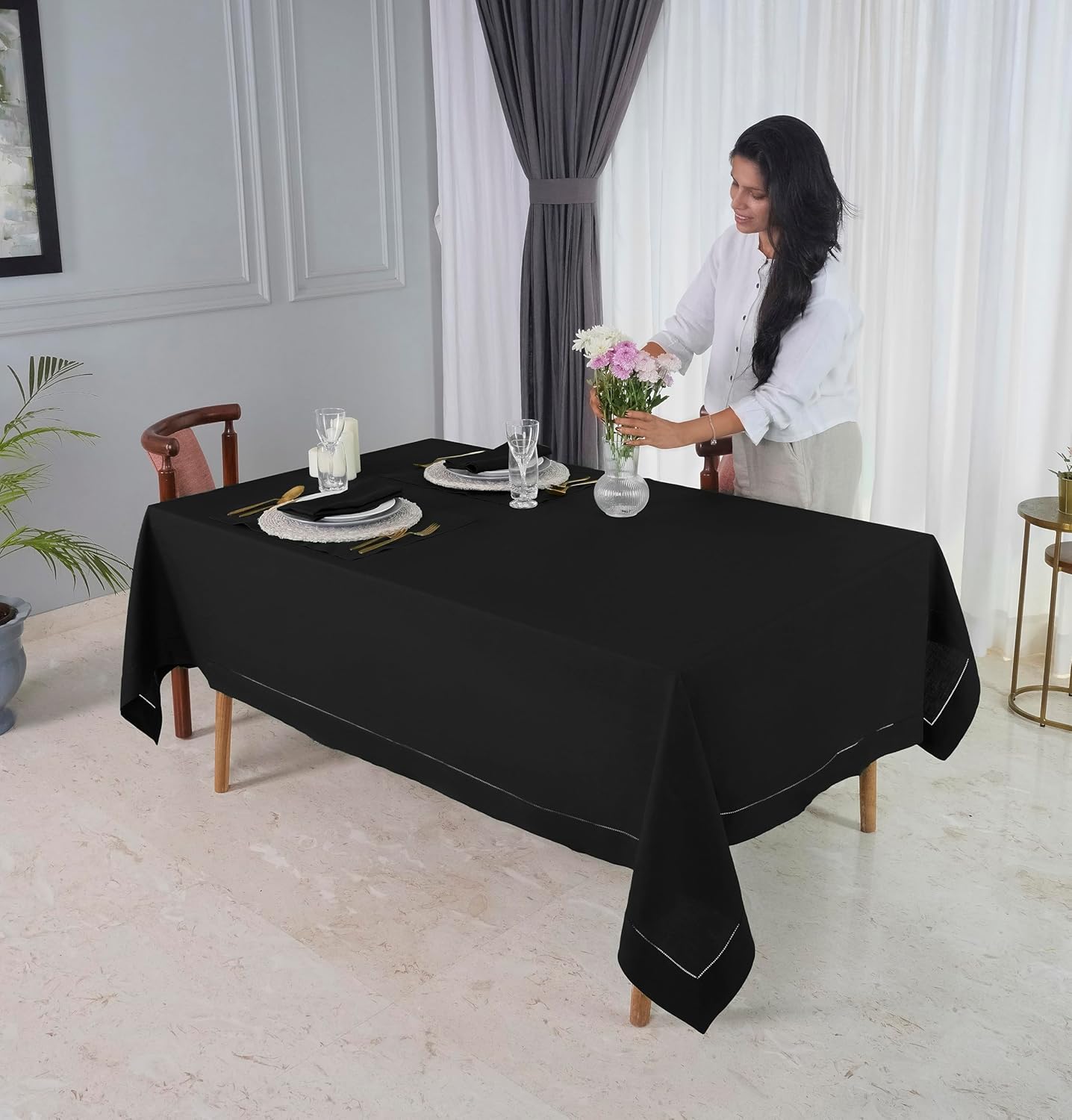 D'Moksha Homes Black Linen Tablecloth for Rectangle Tables 60 x 144 Inch - 100% Pure Linen Black Table Cloth - Classic Hemstitch, Machine Washable Dining Tablecloth for Spring, Easter