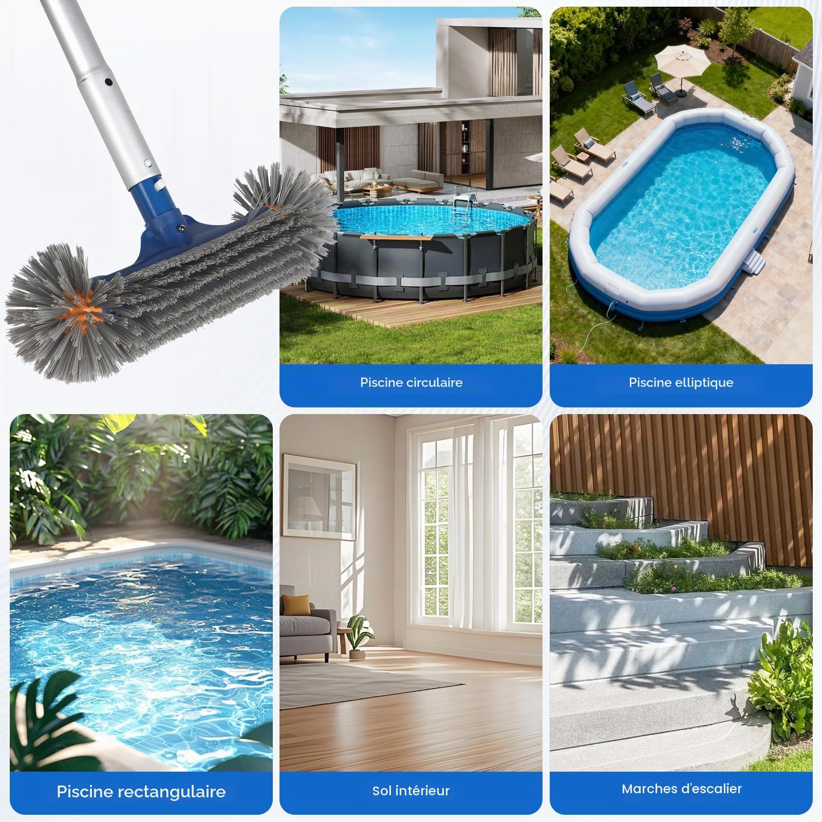 EFUTURETIME 32cm Brosse Piscine Ronde avec 2,7m Manche Telescopique Aluminium pour Liner, Balai Piscine Détachable Brosse Piscine Fond Robustes pour Fibre de Verre, Salles de Bain, Marches de Piscine