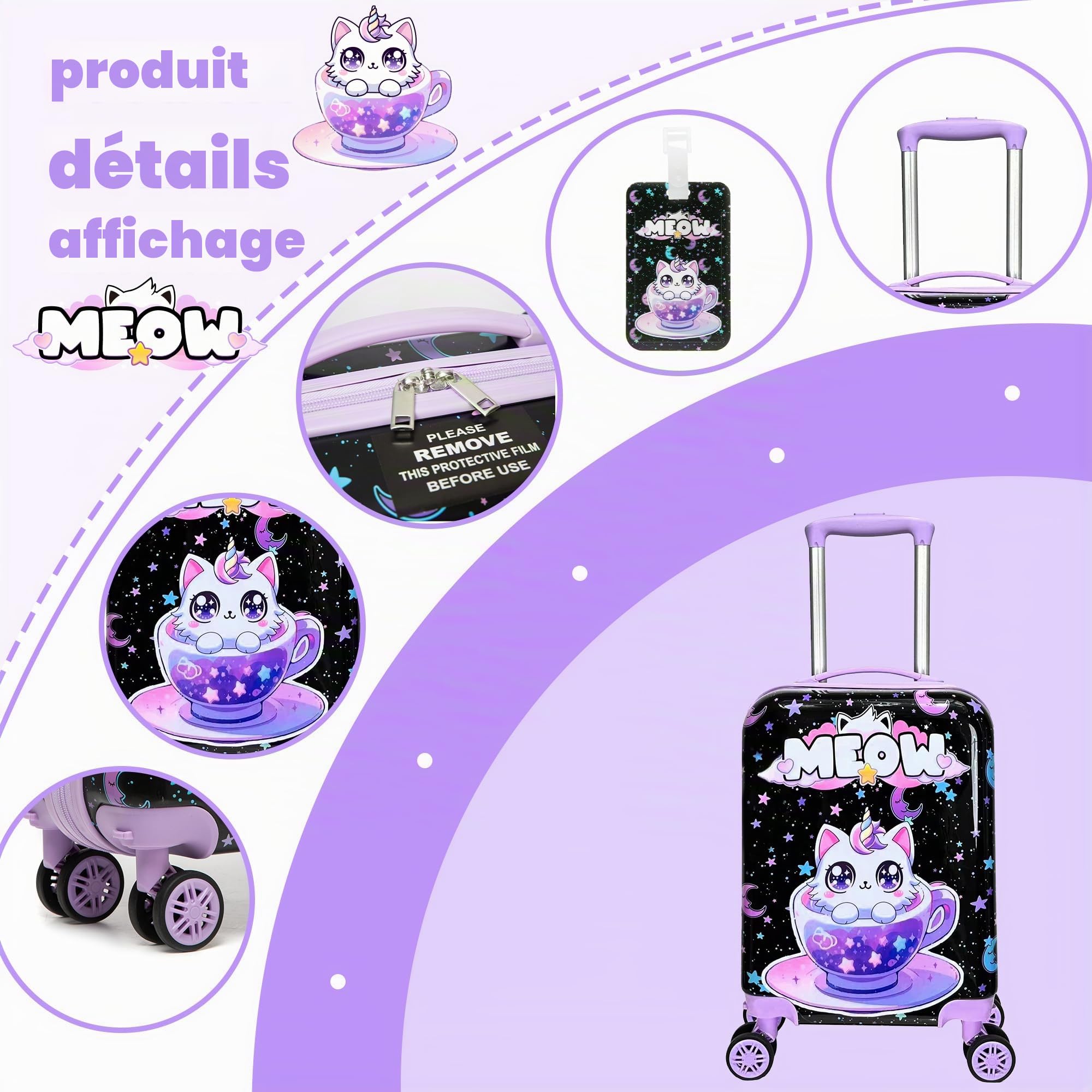 HTgroce 2pcs Valise Enfant 16", Cabine Enfant Chat, Valise Enfant Roulette avec 4 Roues Pivotante à 360° Bagages Enfant