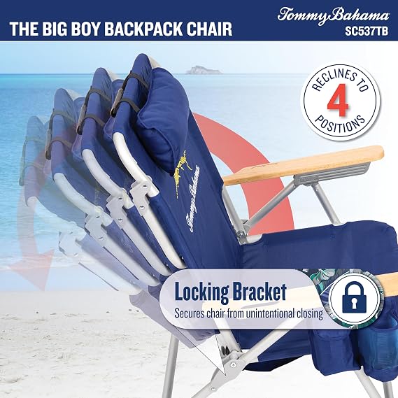 Tommy Bahama Wide Seat Big Boy 4-Position Folding 13 High Seat Backpack Beach or Camping Chair, Navy