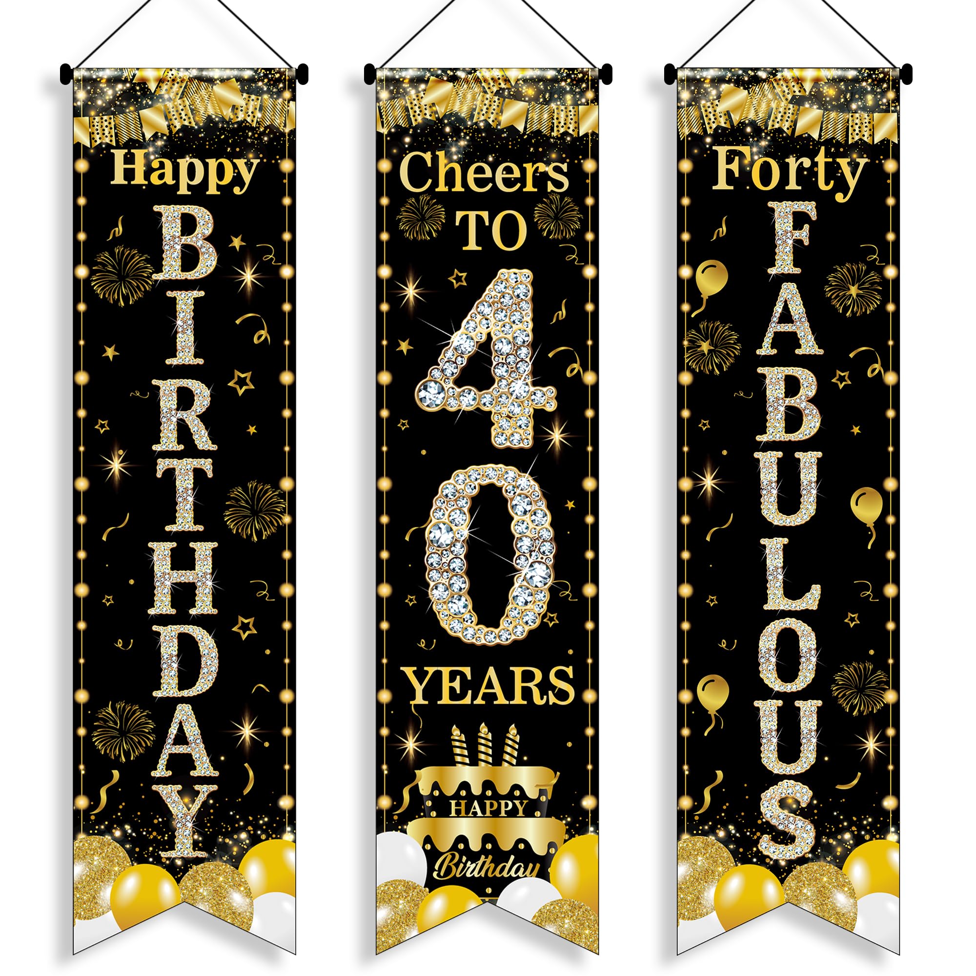 40th Birthday Decorations Door Banner - 3 Pcs Black and Gold Forty Fabulous Happy 40th Birthday Cheers to 40 Years 3.9x0.9ft Door Porch Sign for 40 Years Old Men Women Party Backdrop Decor Supplies