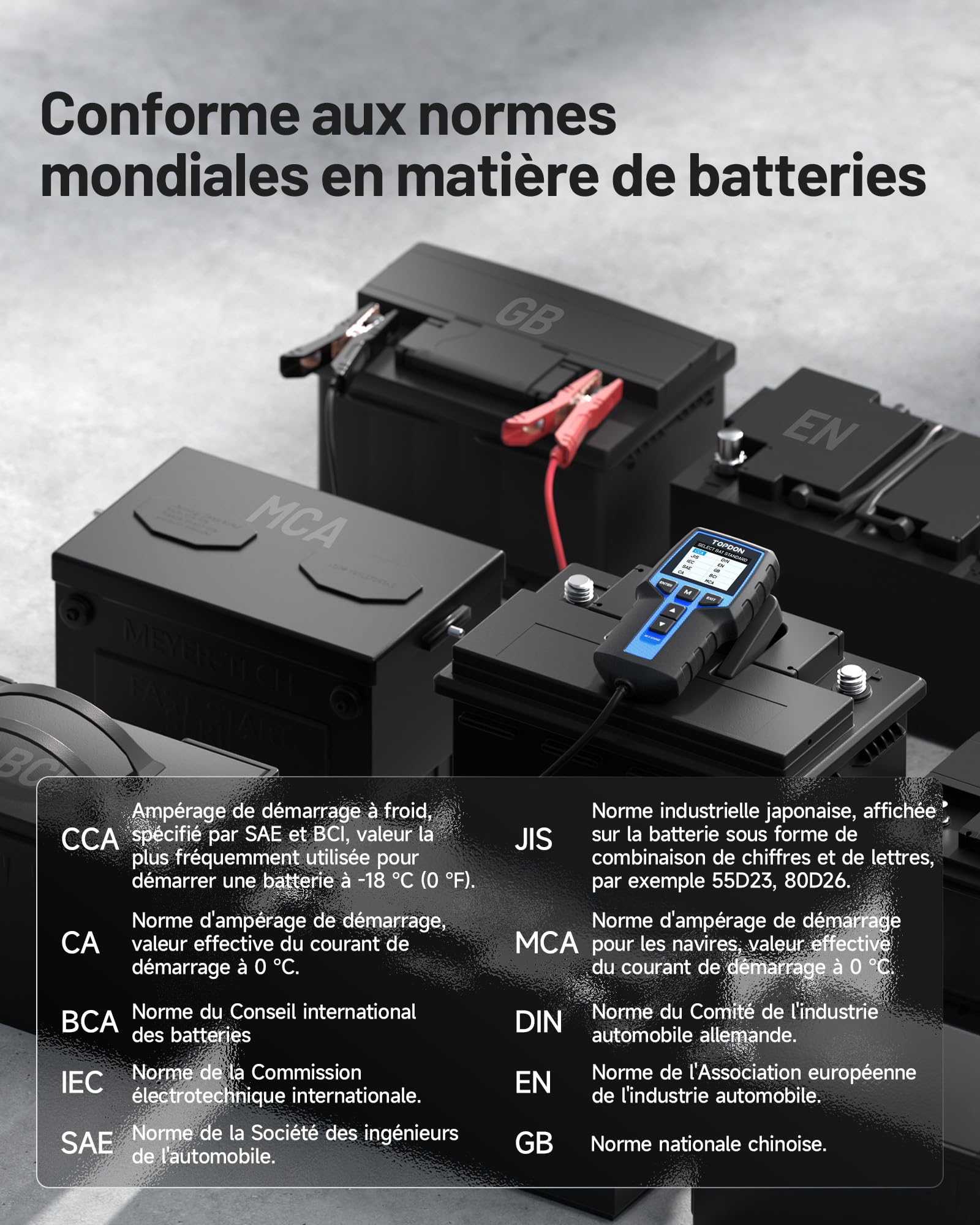 TOPDON Testeur de batterie BT200 12V 24V testeur batterie voiture Test de Lancement Test de Recharge pour Batteries 100-2000 CCA