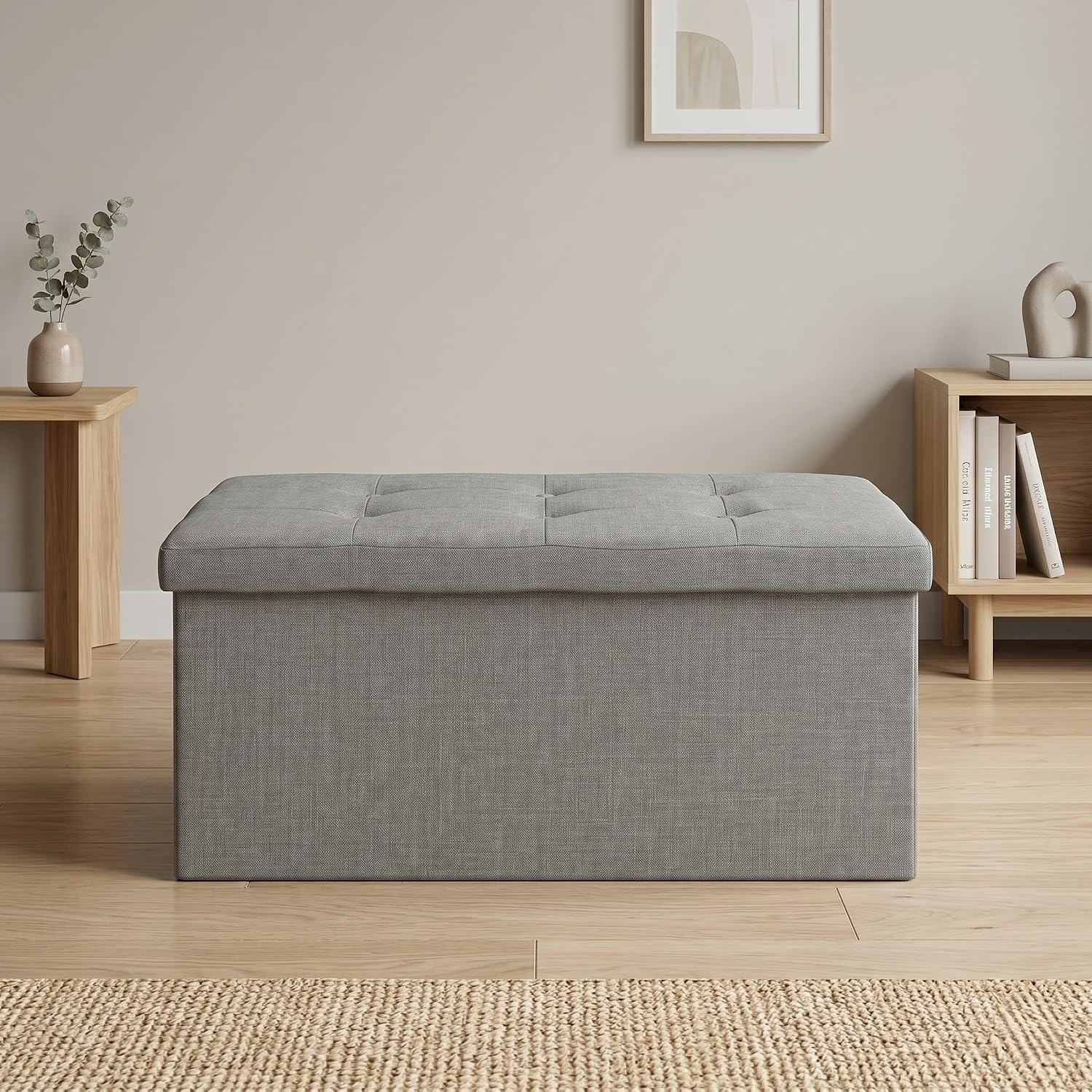 HOME DESIGN Florence 30" Upholstered Folding Storage Ottoman Bench, Tufted Top, Space-Saving Storage, Gray Linen Fabric