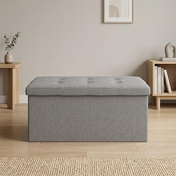HOME DESIGN Florence 30" Upholstered Folding Storage Ottoman Bench, Tufted Top, Space-Saving Storage, Gray Linen Fabric