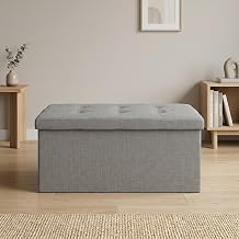 HOME DESIGN Florence 30" Upholstered Folding Storage Ottoman Bench, Tufted Top, Space-Saving Storage, Gray Linen Fabric