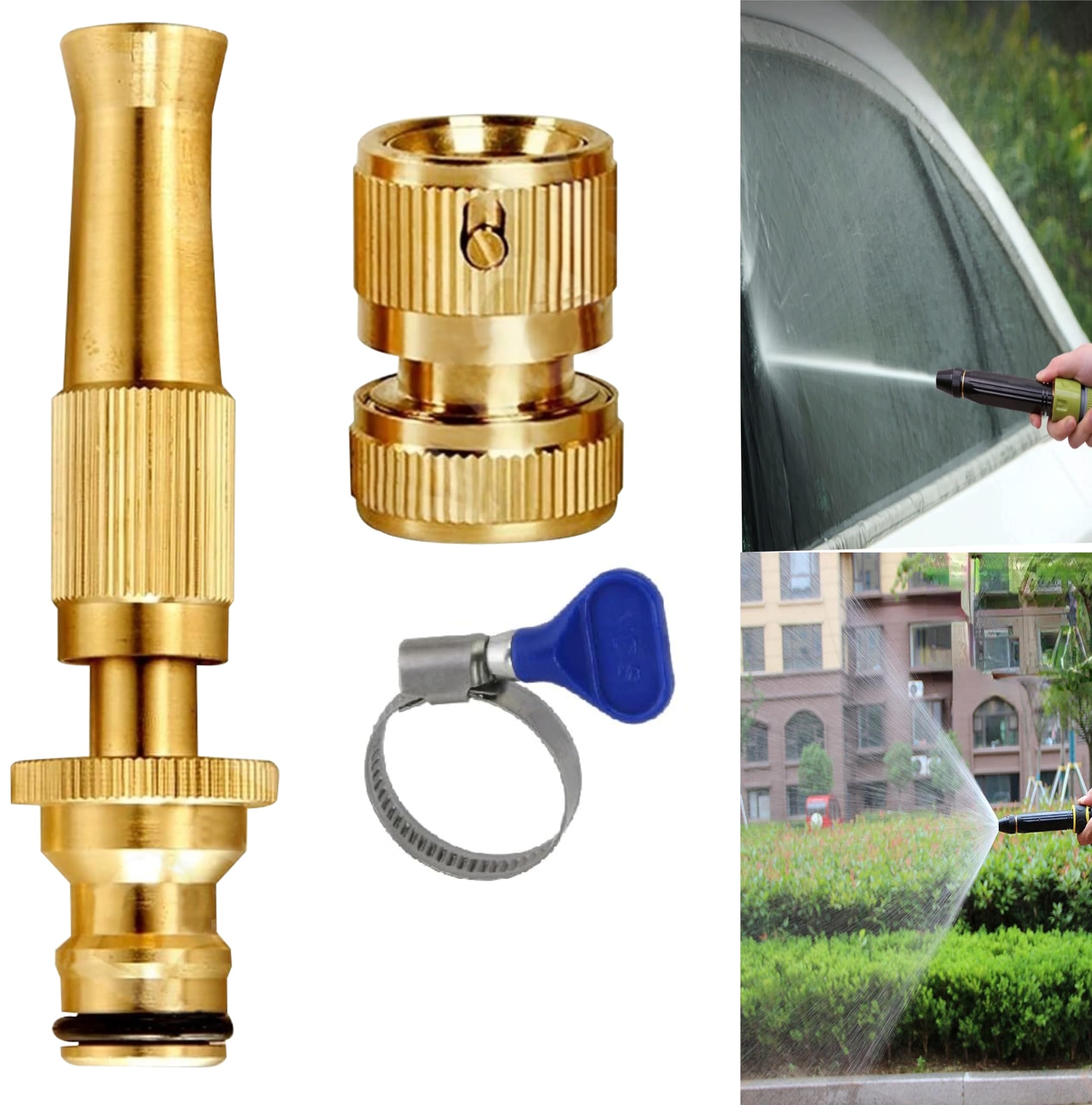 Rylan Brass Water Spray Nozzle Suitable for 1/2" Hose Pipe Adjustable Brass Spray Nozzle Water Pressure Booster Brass Nozzle Water Spray Gun for Car Wash & Gardening Water Pressure Nozzle