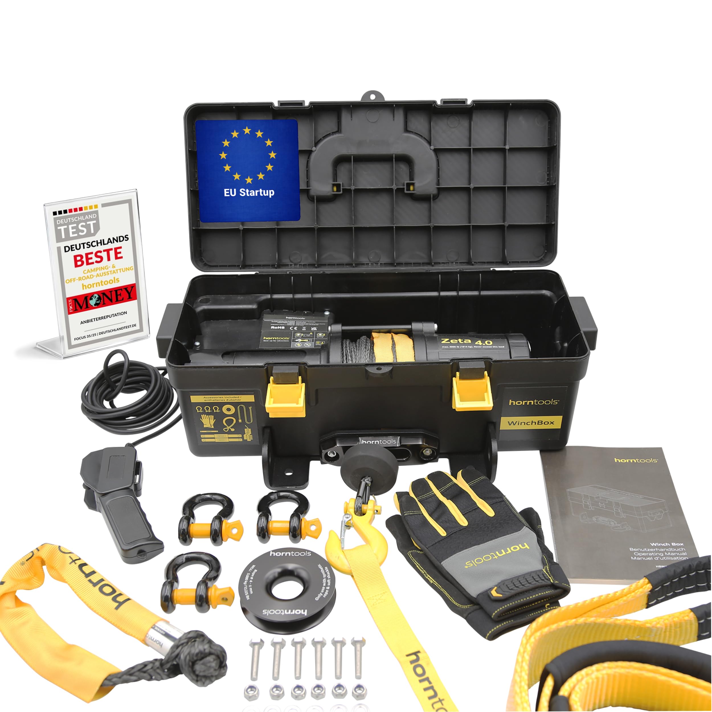 horntools Winch Box 12V Mobile Seilwinde 1,8 t – Tragbare Winde mit Kunststoffseil 16 m, Umlenkrolle, Schäkel & Baumgurt – Komplette Offroad Recovery Box für Auto, SUV, ATV, Anhänger & Gelände