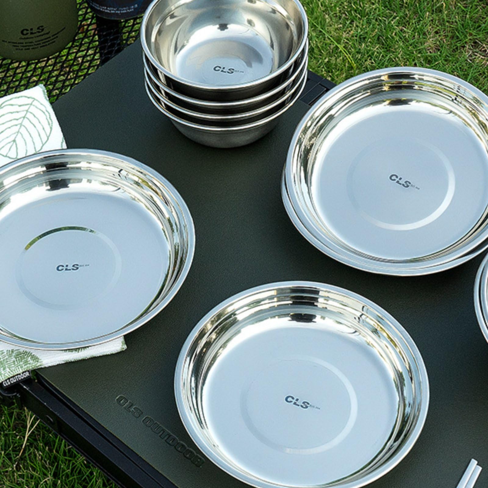 rockible 20 Stück Outdoor Camping Geschirr Set Teller Schüsseln Campinggeschirr Picknickgeschirr Edelstahl Stapelbar Platzsparend mit Stofftasche für Camping Picknick Ausflüge Garten Reise