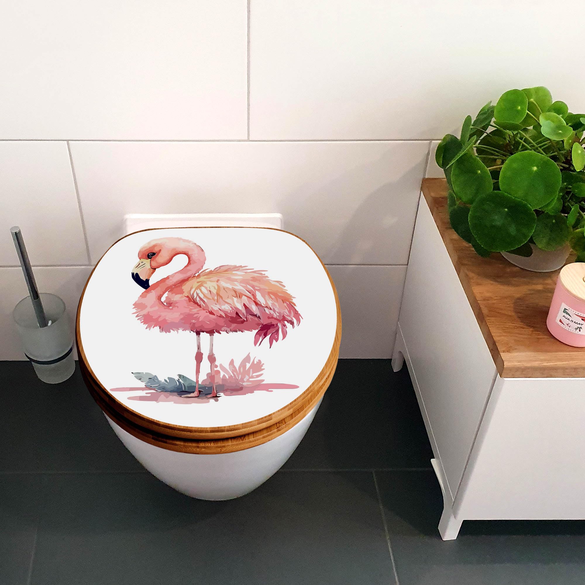 banjado Design WC Sitz Bambus Absenkautomatik 45,8x37,5cm - Toilettendeckel mit Absenkautomatik Holz - hochwertiger Bambus Klodeckel - WC-Sitz für gängigen Toiletten - Motiv Aquarell-Flamingo klein